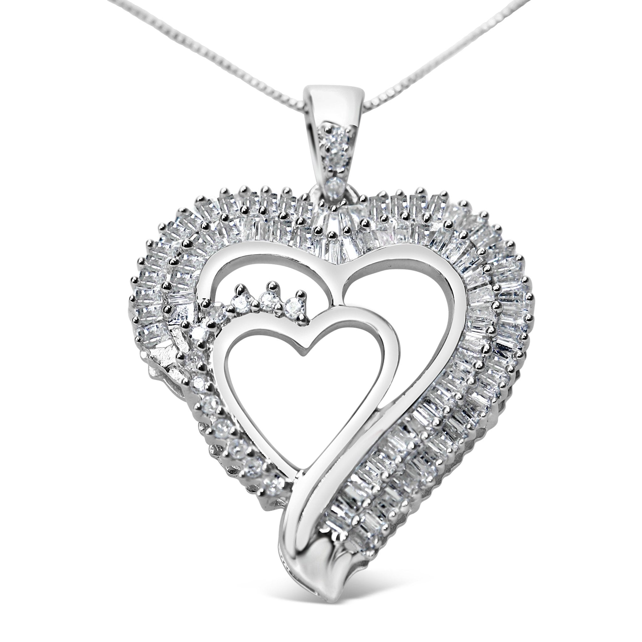 .925 Sterling Silver 3/4 Cttw Round And Baguette Diamond Double Heart Pendant 18