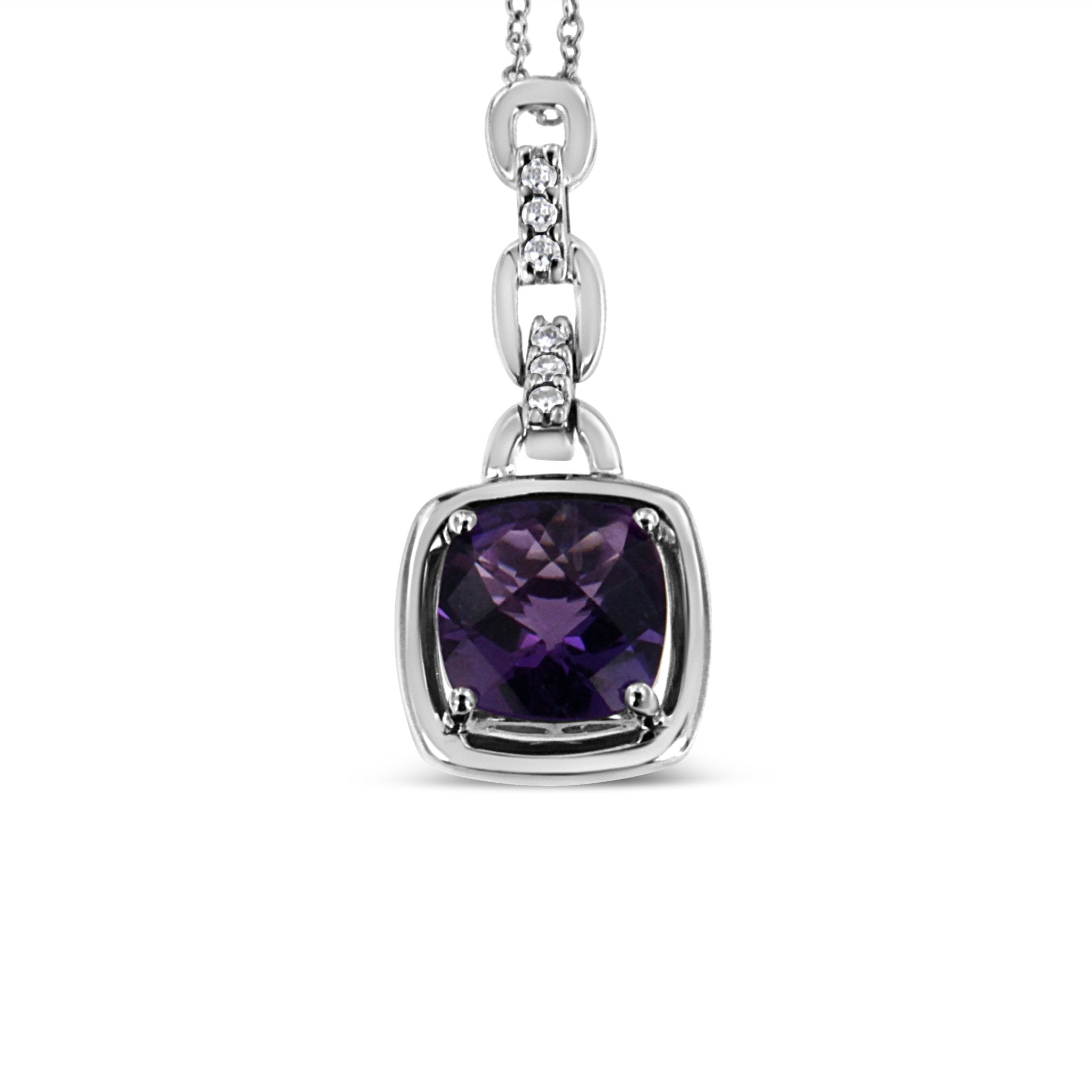 .925 Sterling Silver 6X6mm Cushion Shaped Natural Purple Amethyst And Diamond Accented Bale 18