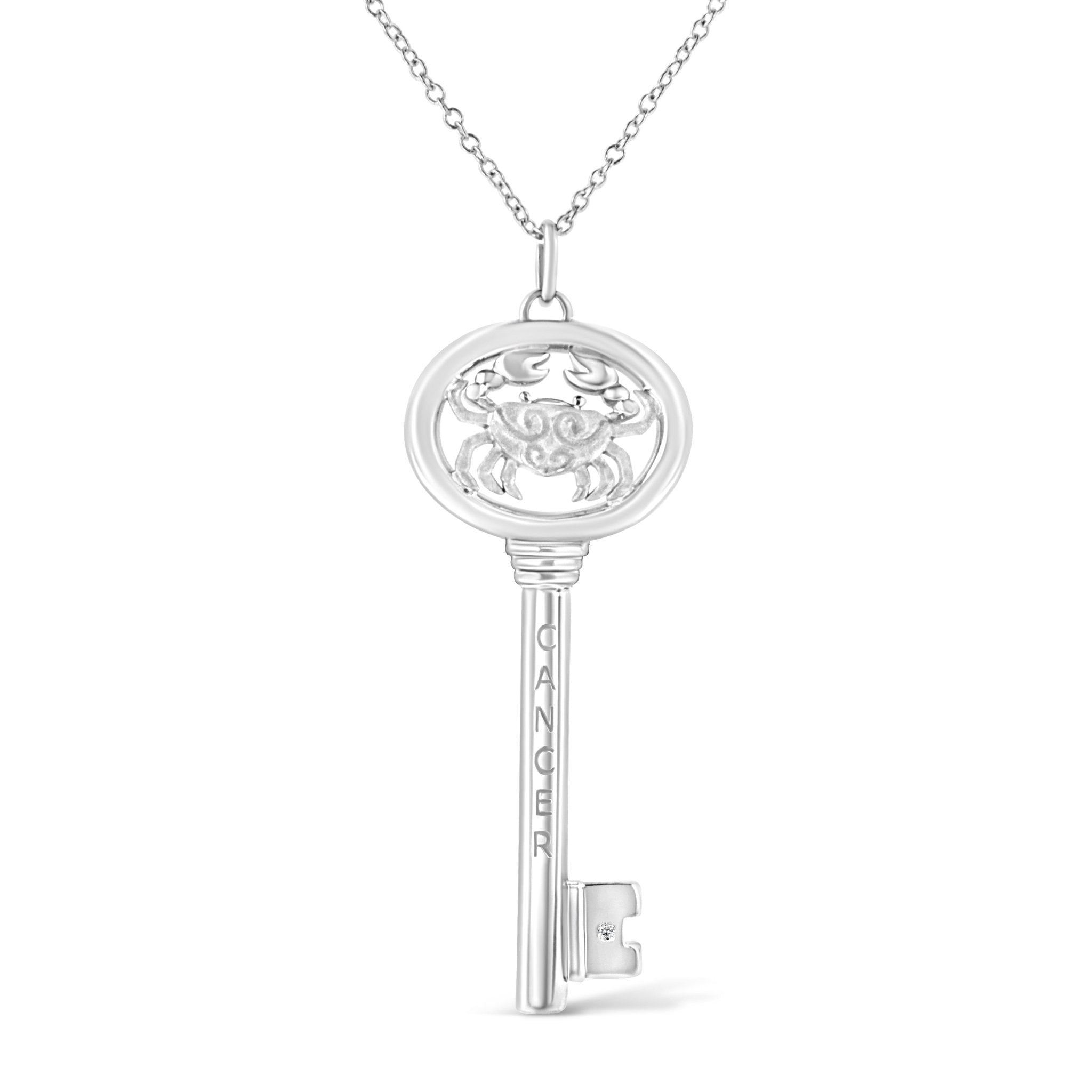 .925 Sterling Silver Diamond Accent Cancer Zodiac Key 18" Pendant Necklace (K-L Color, I1-I2 Clarity) - Tuesday Morning-Pendant Necklace