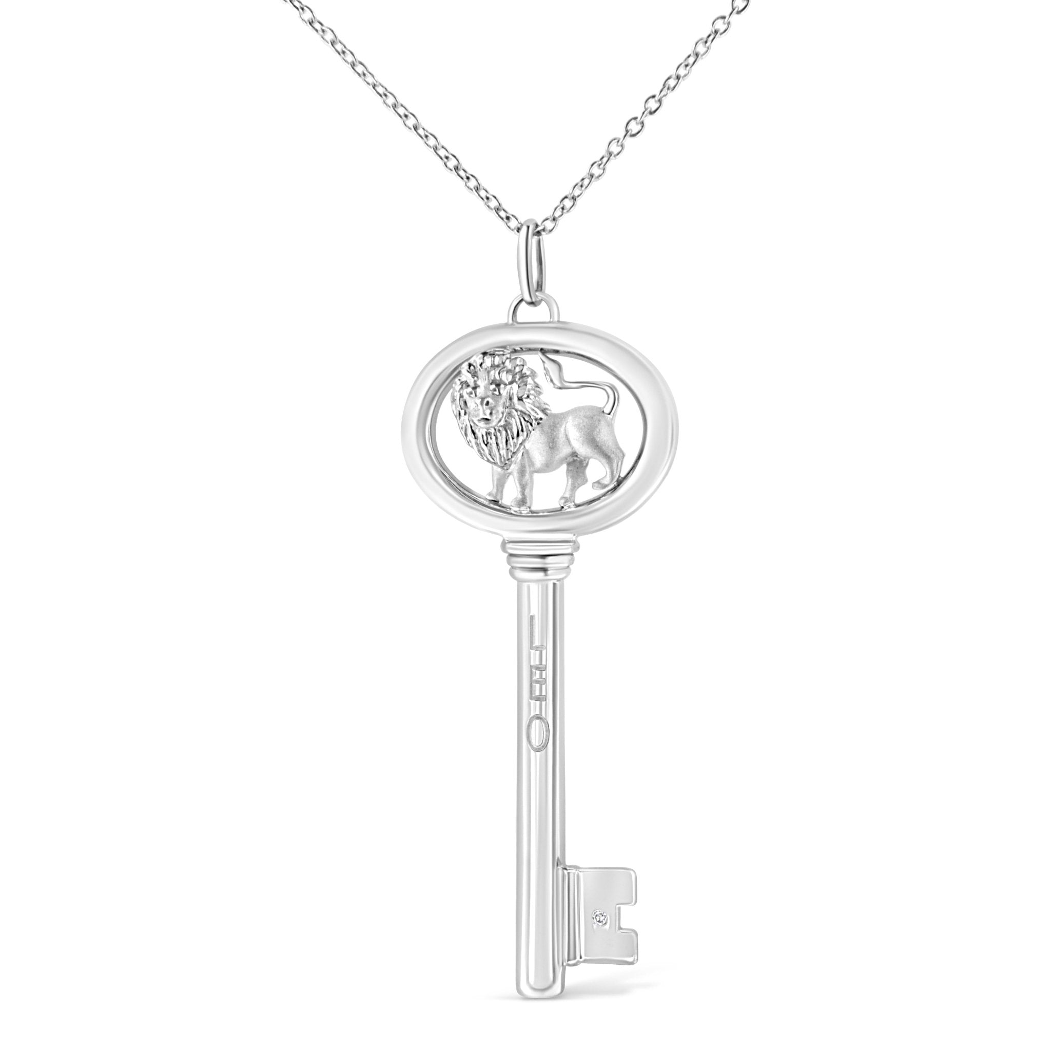 .925 Sterling Silver Diamond Accent Leo Zodiac Key 18" Pendant Necklace (K-L Color, I1-I2 Clarity) - Tuesday Morning-Pendant Necklace