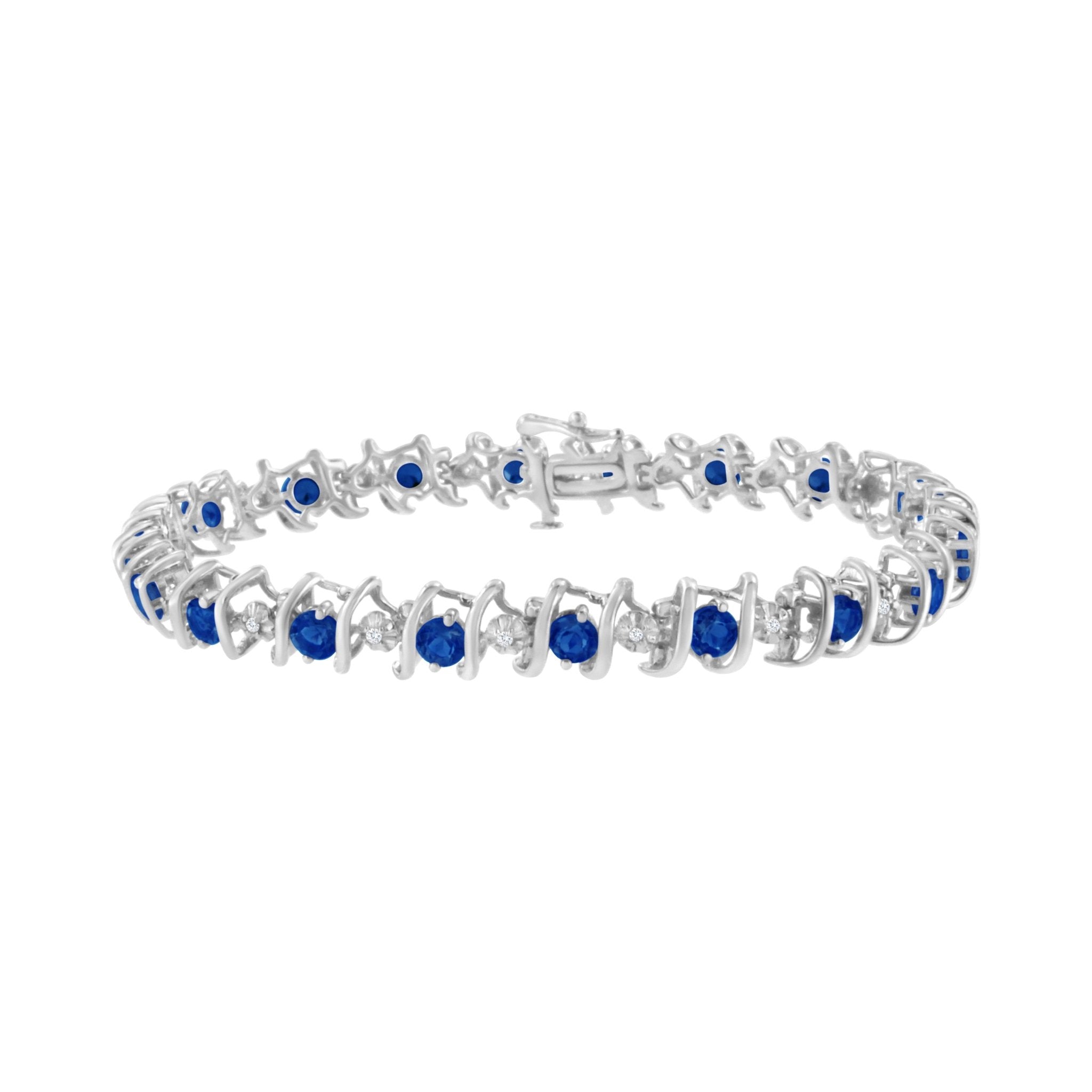 .925-Sterling-Silver,-Lab-Grown-Gemstone-And-4-Cttw-Round-Diamond-Tennis-Bracelet-(H-I-Color,-I1-I2-Clarity)-Created-Blue-Sapphire,-September-Birthstone-Bracelets
