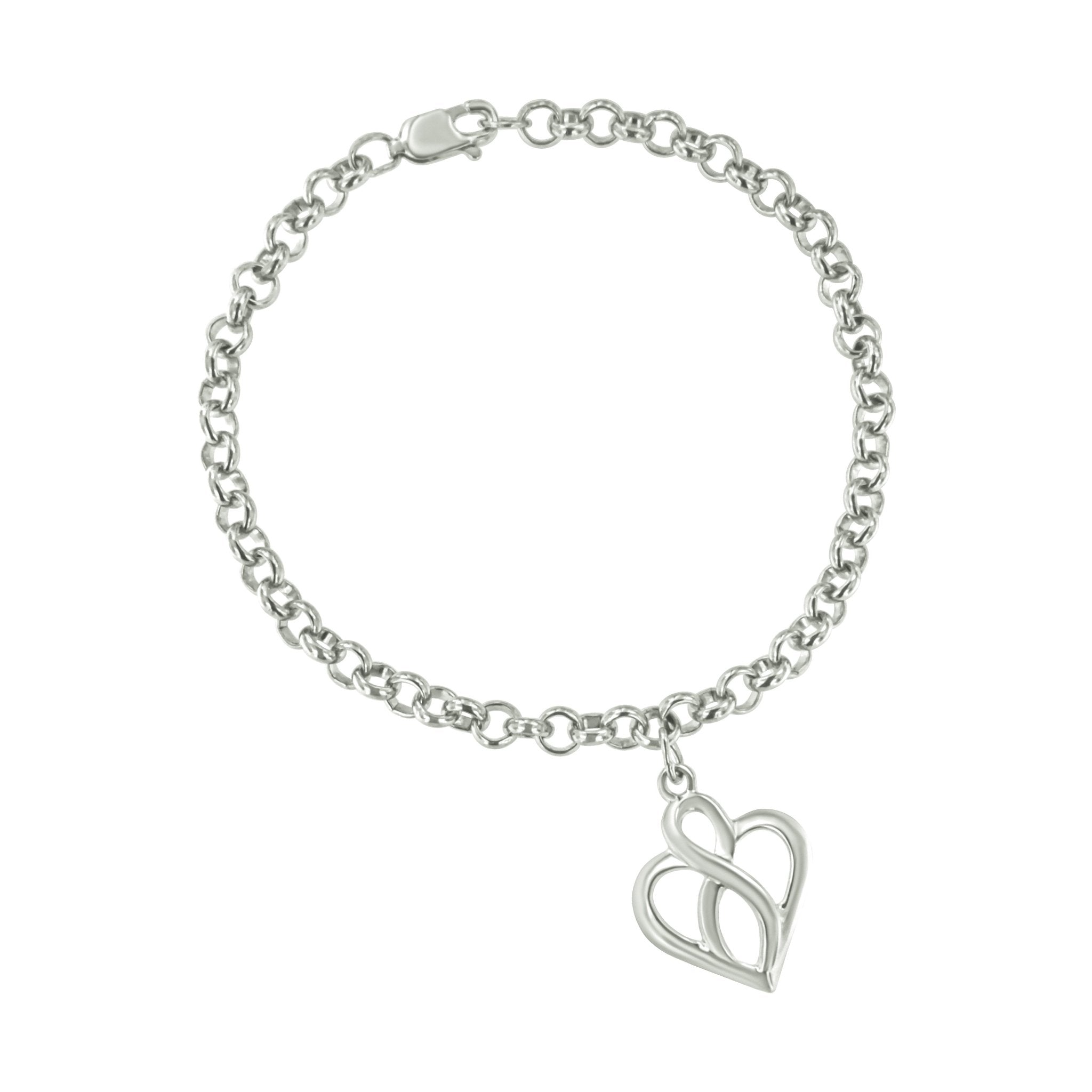 .925 Sterling Silver Open Heart With Center Vertical Infinity Chain Charm Bracelet - Size 7