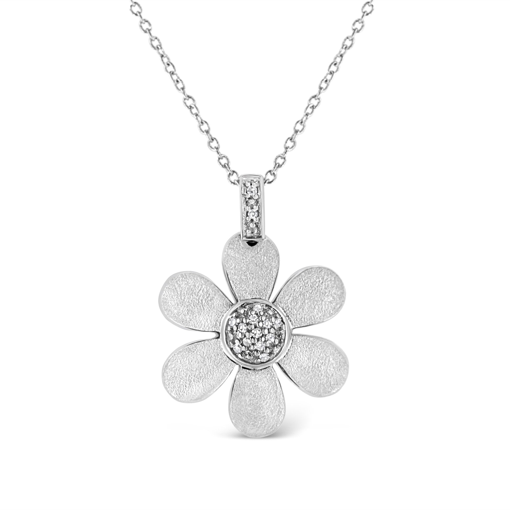 .925 Sterling Silver Pave-Set Diamond Accent Flower 18" Pendant Necklace (I-J Color, I1-I2 Clarity) - Tuesday Morning-Pendant Necklace