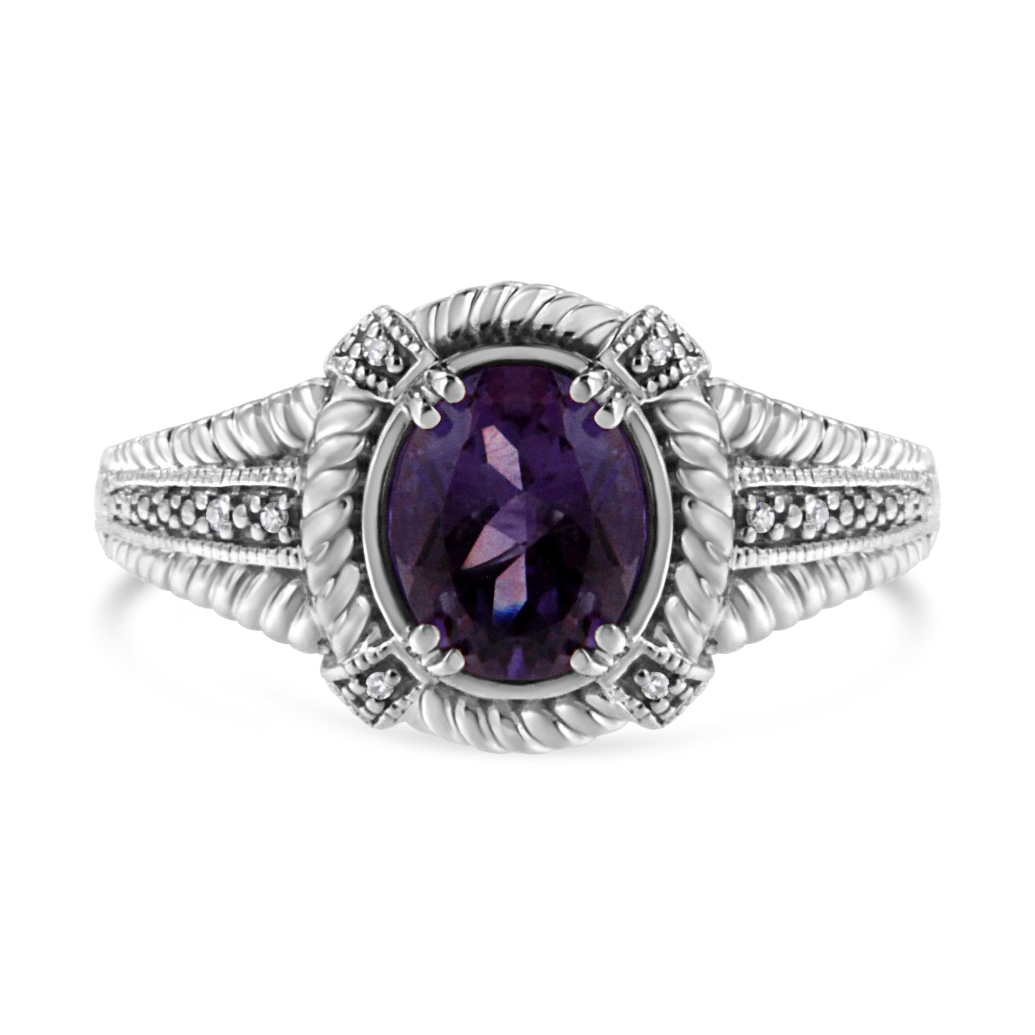 .925-Sterling-Silver-Prong-Set-Natural-Oval-Shape-9X7-Mm-Purple-Amethyst-Solitaire-And-Diamond-Accent-Ring-(I-J-Color,-I1-I2-Clarity)-Ring-Size-6-Rings