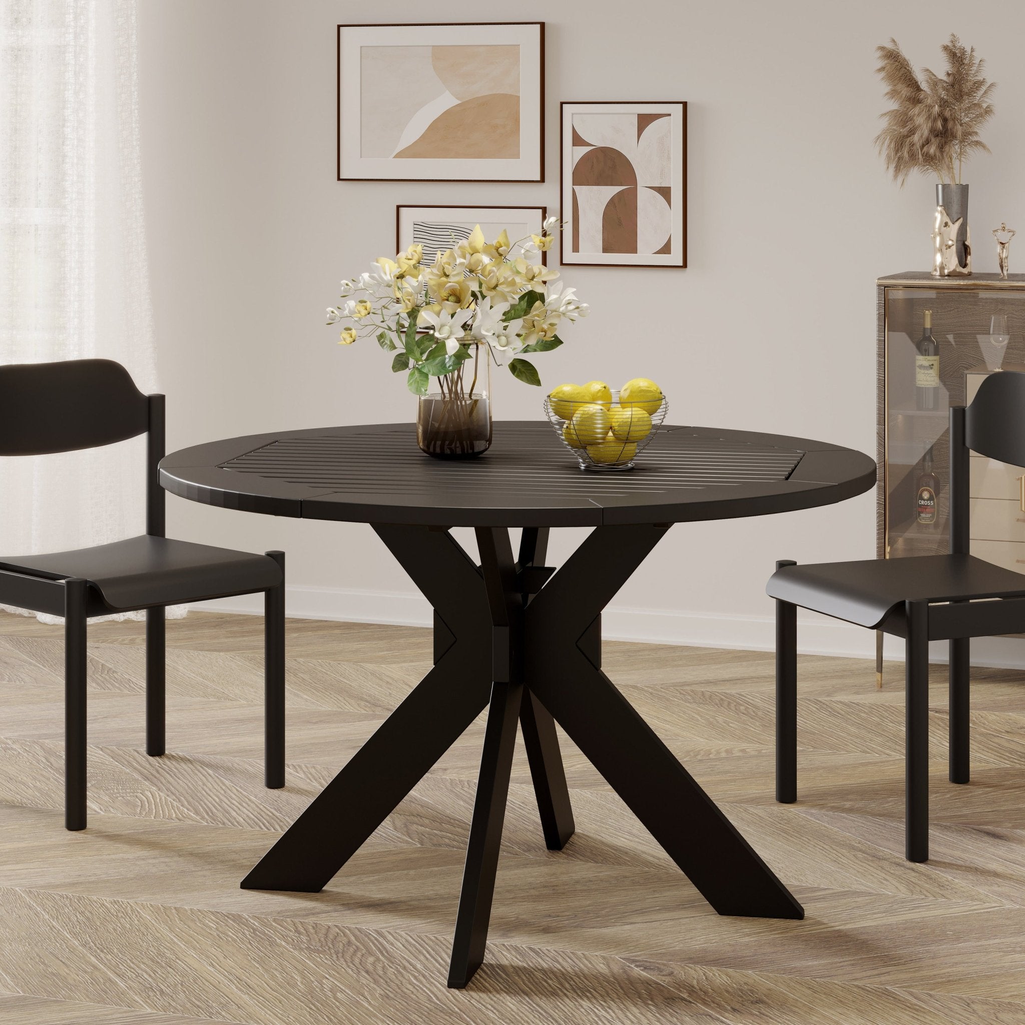Acacia Wood Dining Table, Round, Black - Tuesday Morning-