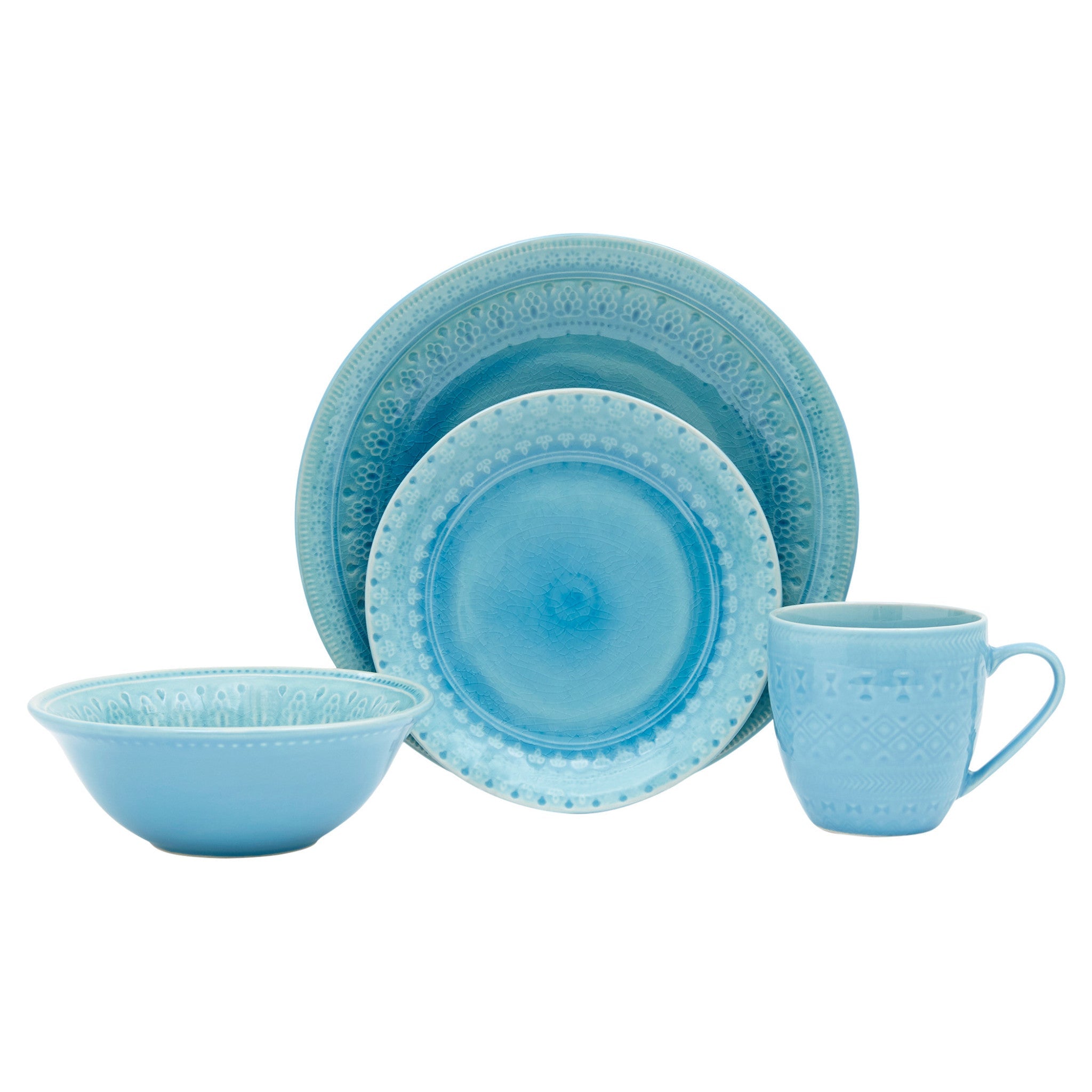 Aqua Sixteen Piece Floral Medallion Ceramic Service For Four Dinnerware Set - Tuesday Morning-Dinnerware