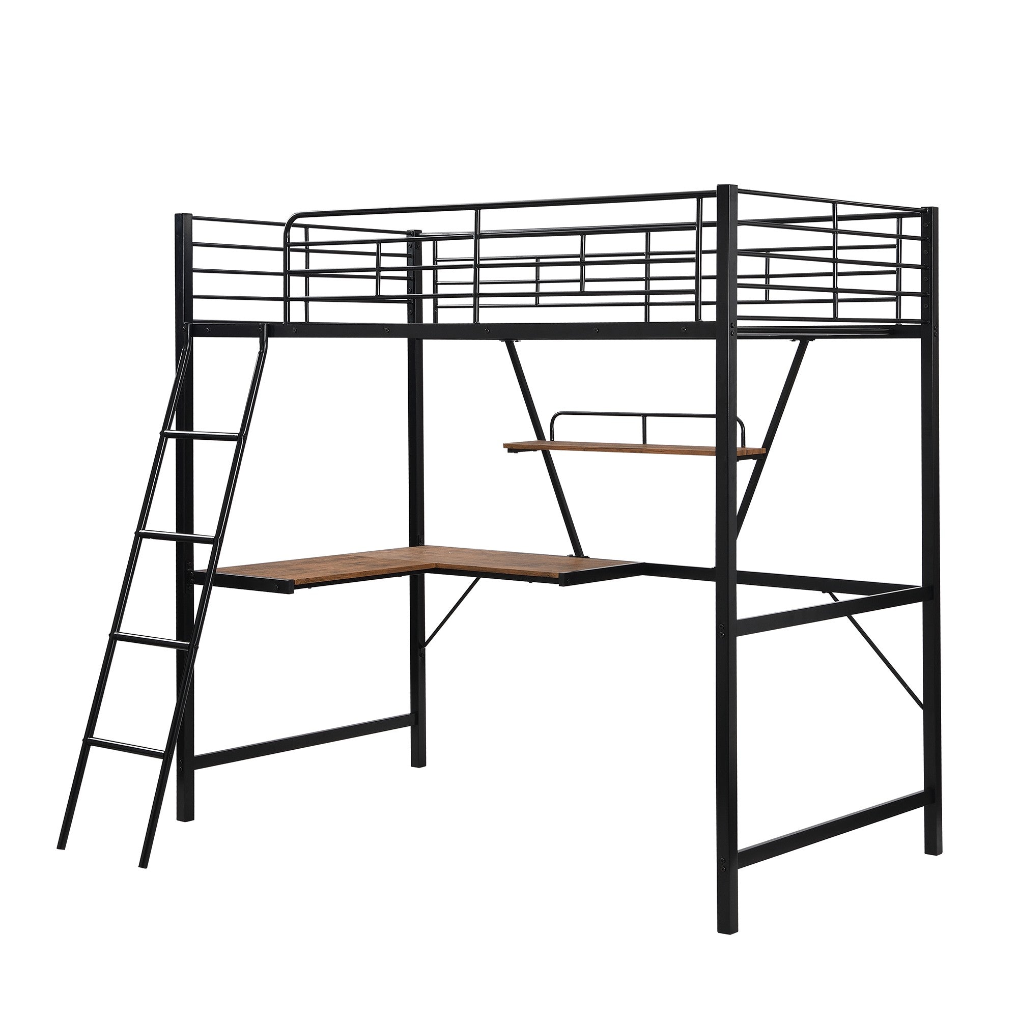 Black Metal Loft Bed with L Shaped Desk and Shelf - Tuesday Morning-Loft Beds