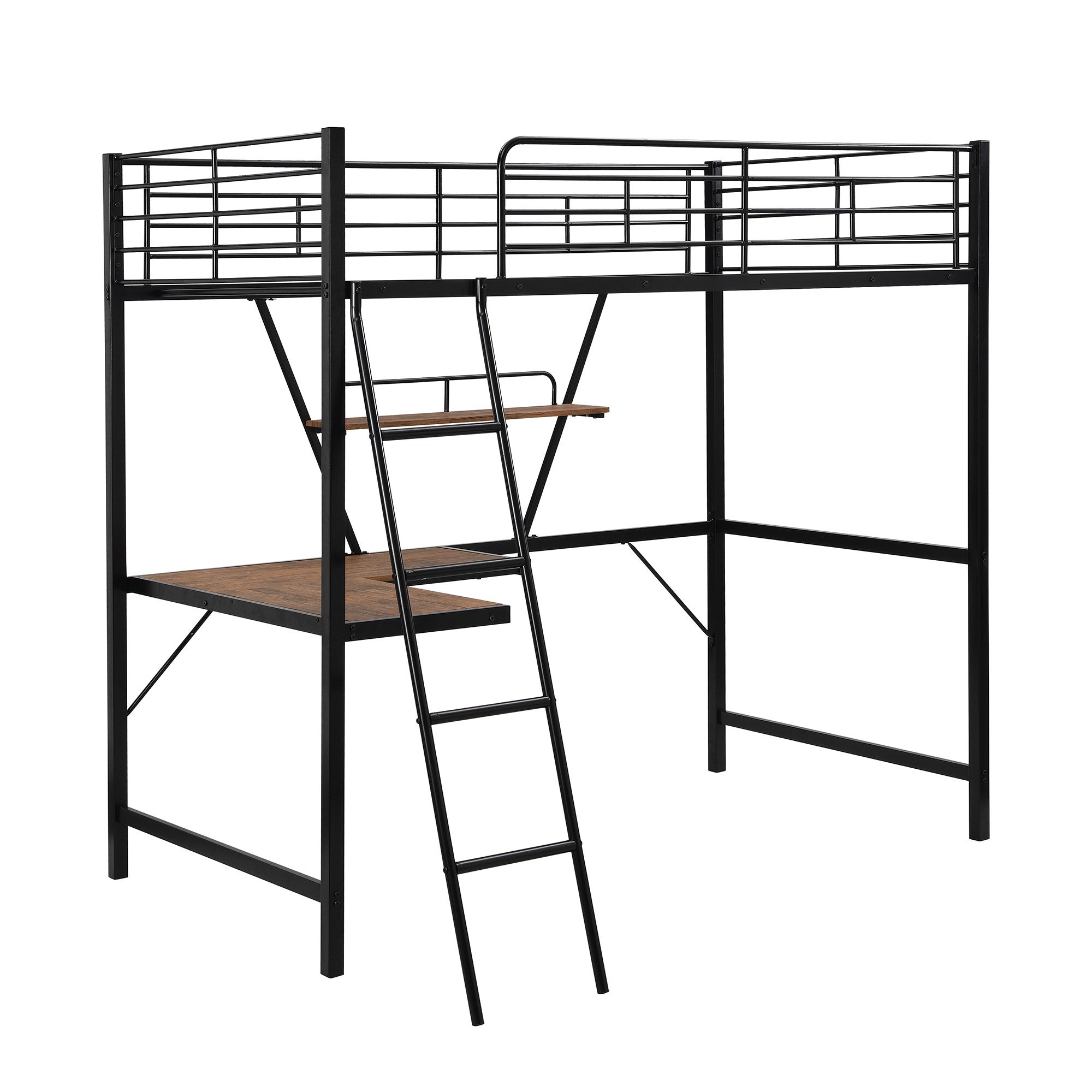 Black Metal Loft Bed with L Shaped Desk and Shelf - Tuesday Morning-Loft Beds