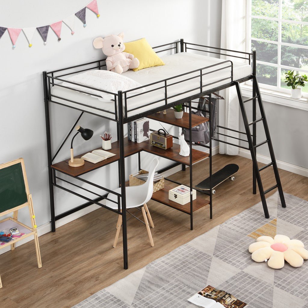 Black Twin Size Metal Loft Bed With Desk and Shelves - Tuesday Morning-Loft Beds