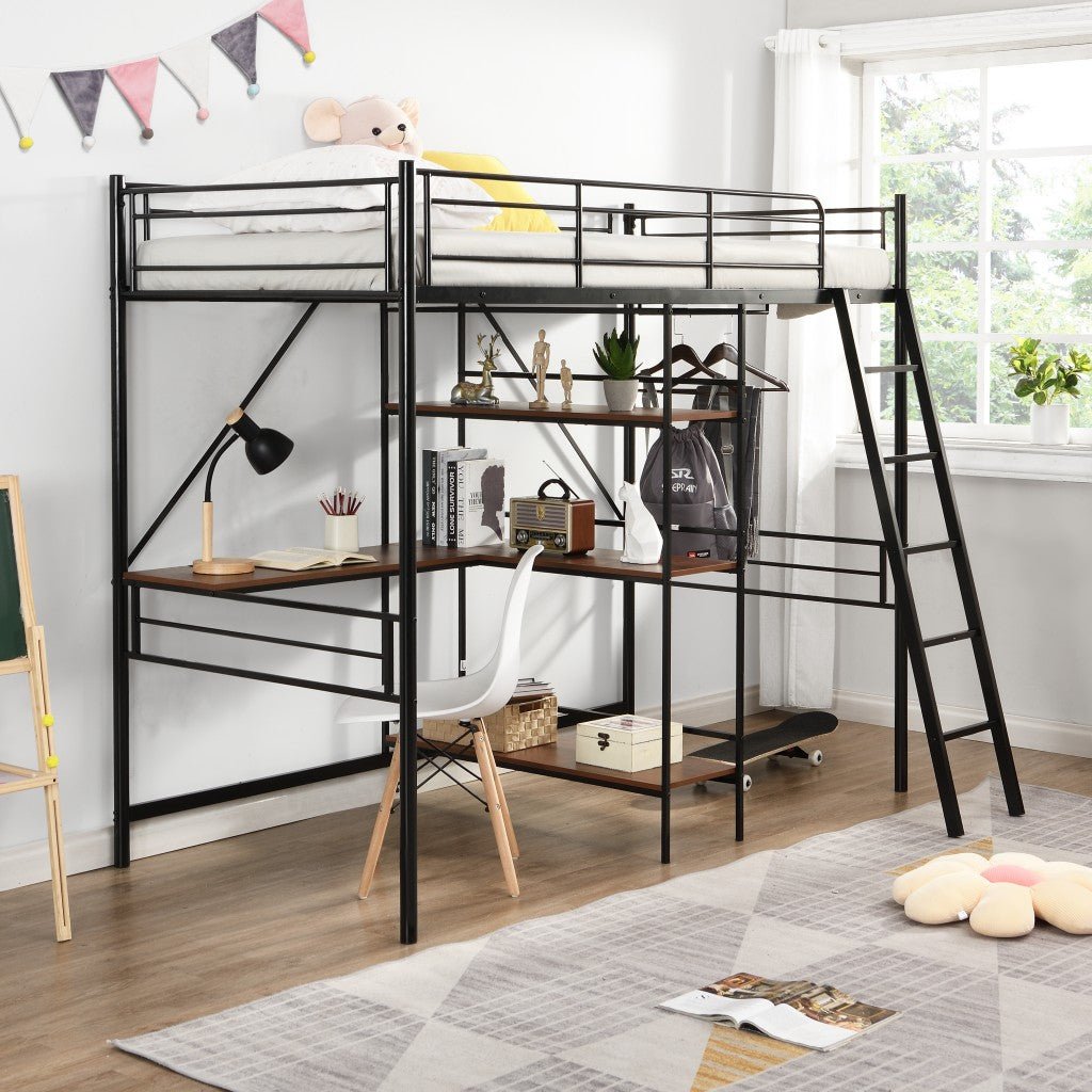 Black-Twin-Size-Metal-Loft-Bed-With-Desk-and-Shelves-Beds-&-Bed-Frames