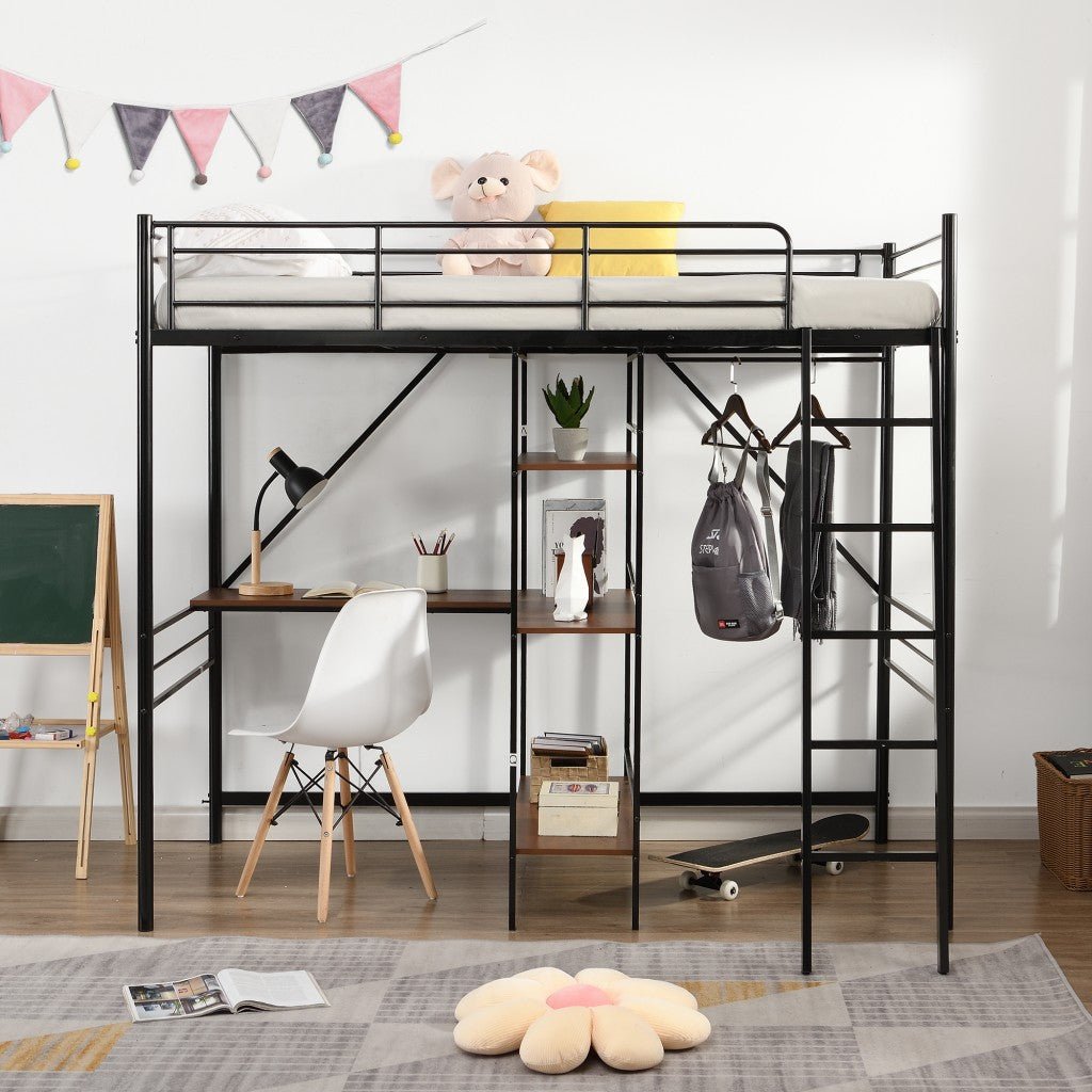 Black Twin Size Metal Loft Bed With Desk and Shelves - Tuesday Morning-Loft Beds