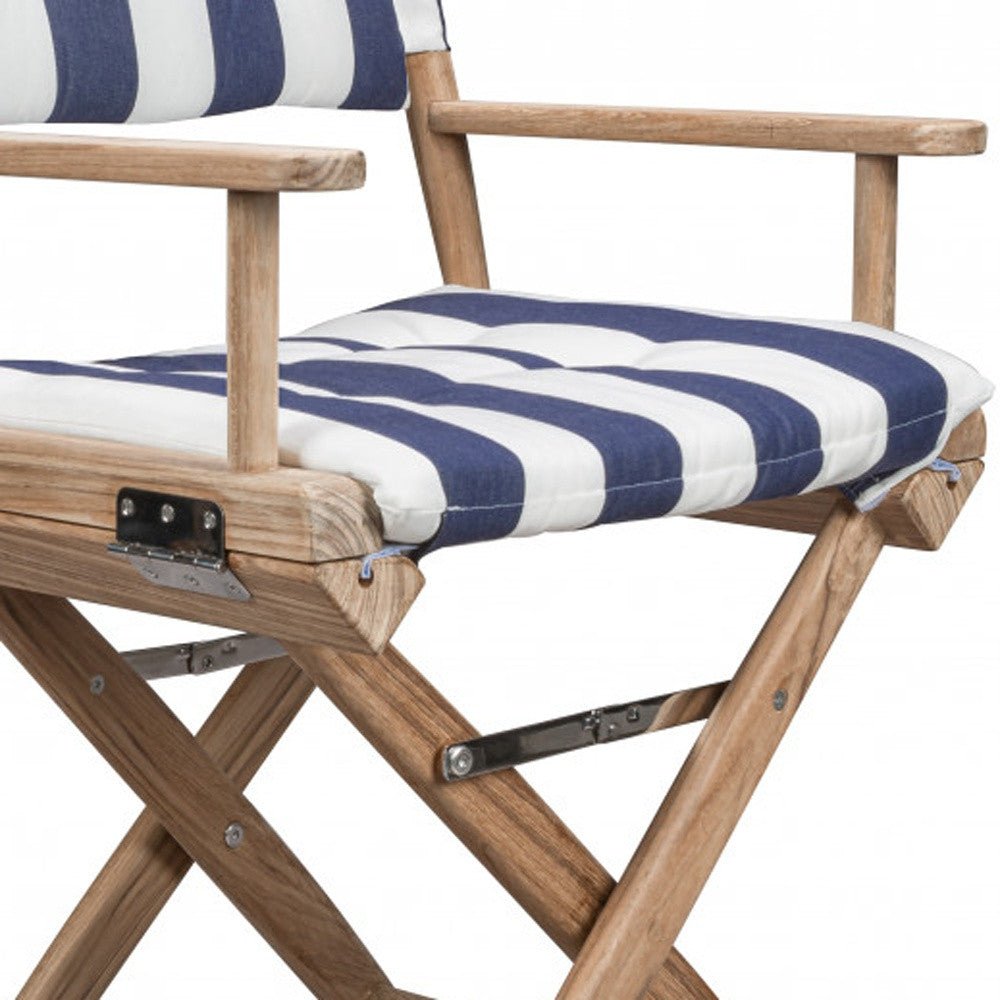 Blue and White And Brown Solid Wood Director Chair With Blue and White Cushion - Tuesday Morning-Outdoor Chairs
