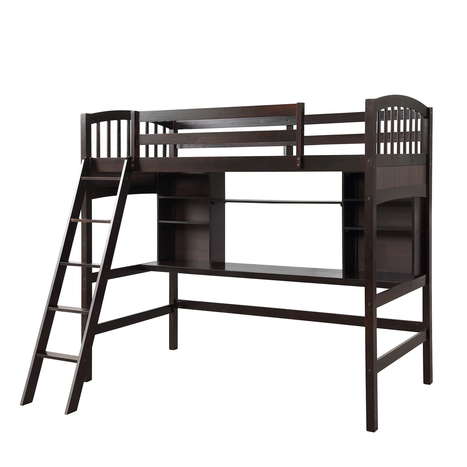 Brown Twin Size Loft Bed with Desk and Shelves - Tuesday Morning-Loft Beds