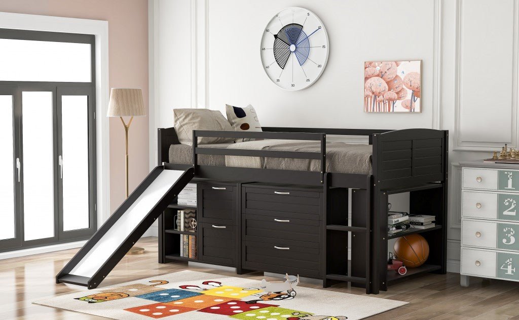 Brown Twin Size Low Loft Bed With Cabinets and Slide - Tuesday Morning-Loft Beds