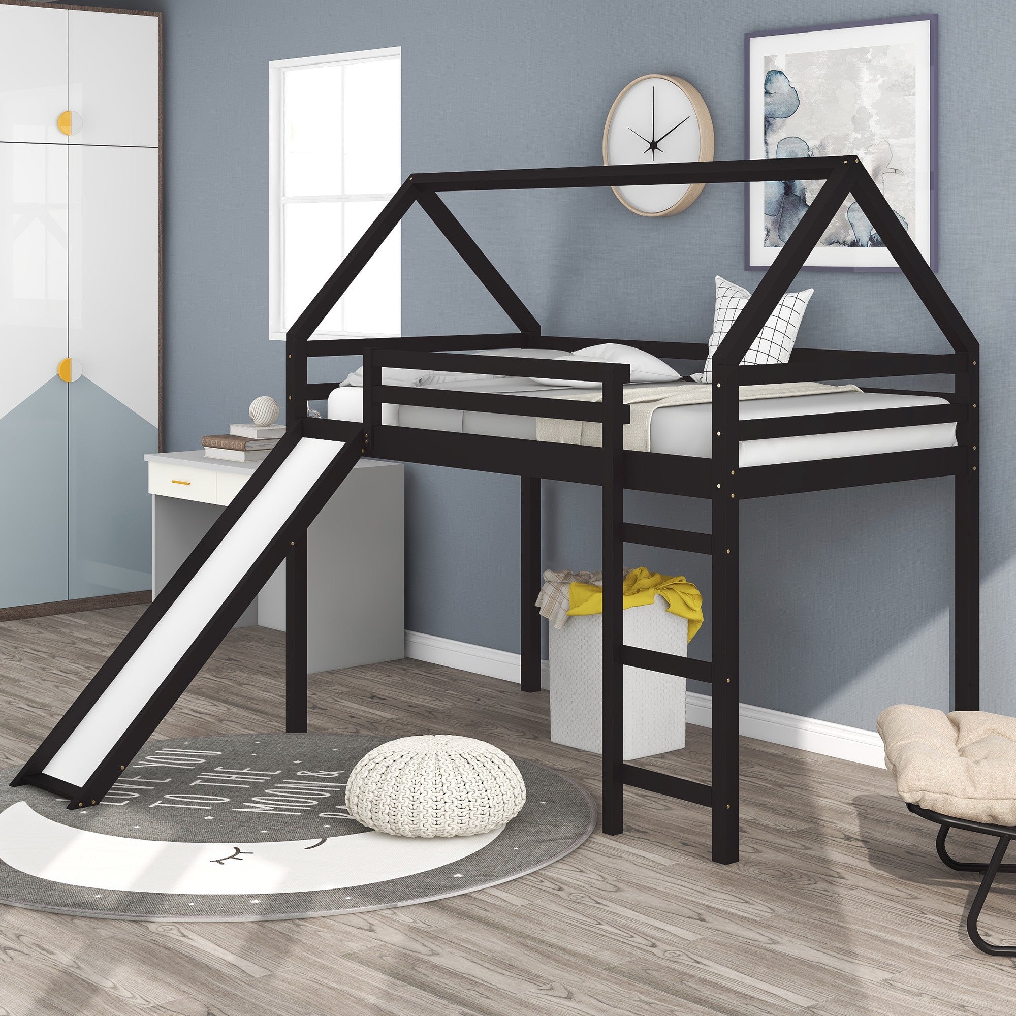 Brown-Twin-Size-Slide-House-Loft-Bed-Beds-&-Bed-Frames