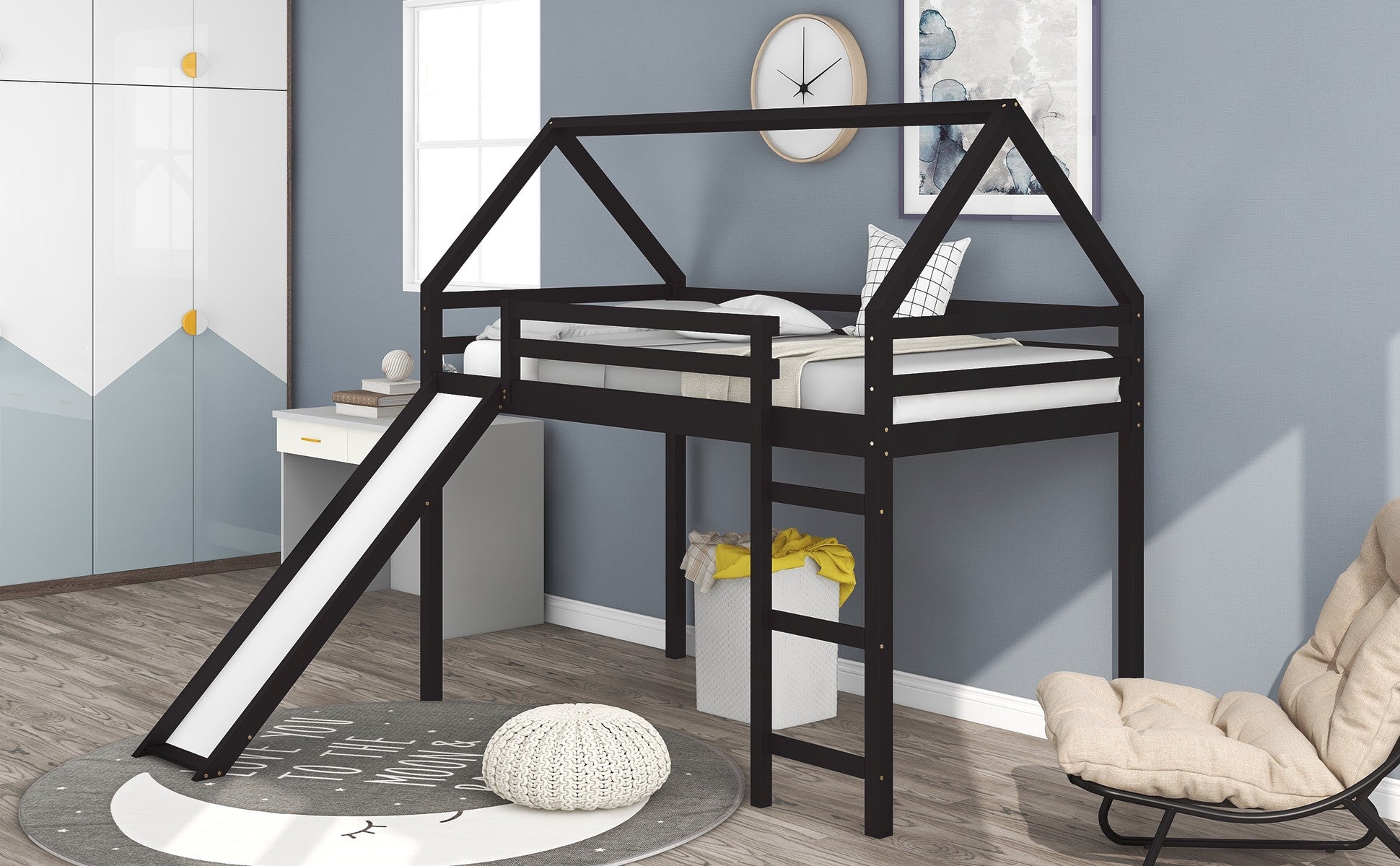 Brown Twin Size Slide House Loft Bed - Tuesday Morning-Loft Beds