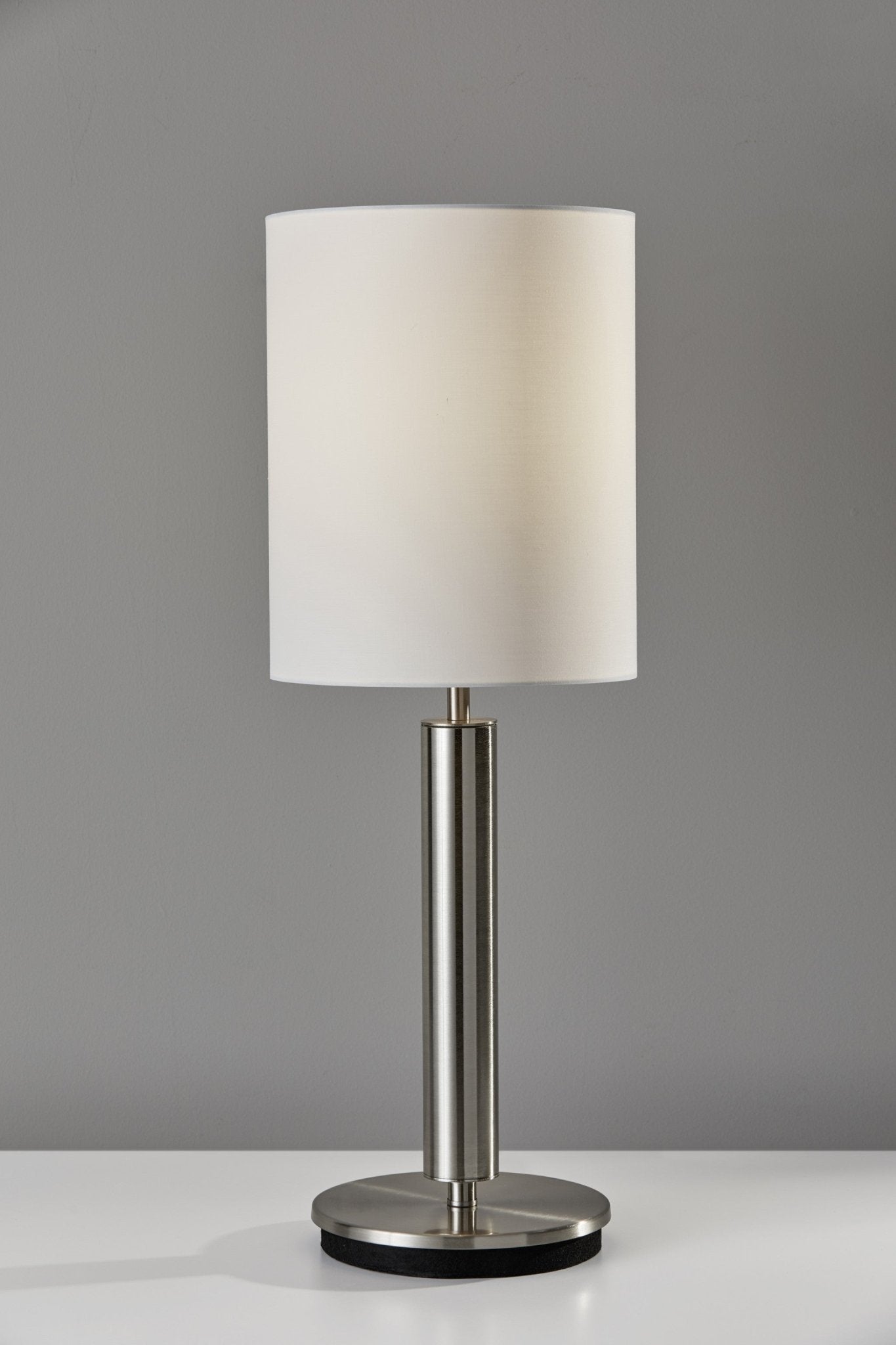 Brushed-Steel-Metal-Stout-Pole-With-Tall-Silk-Shade-Table-Lamp-Table-Lamps