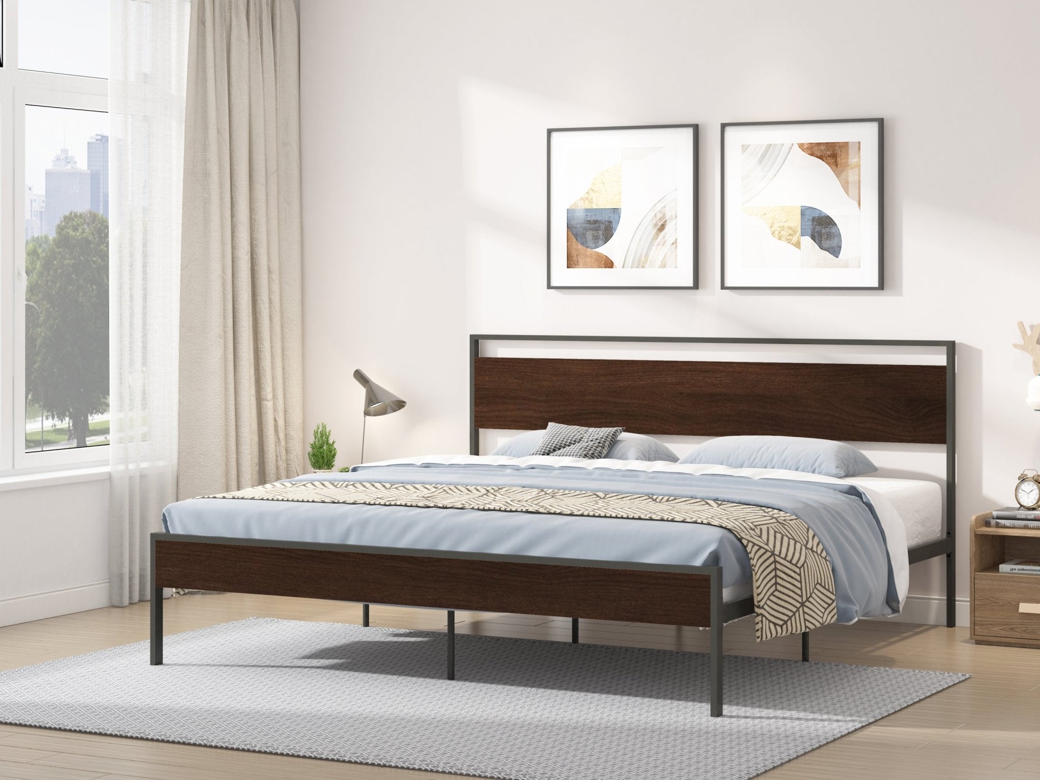 Ceres-Metal-King-Bed,-Black-with-Walnut-wood-Headboard-Beds-&-Bed-Frames