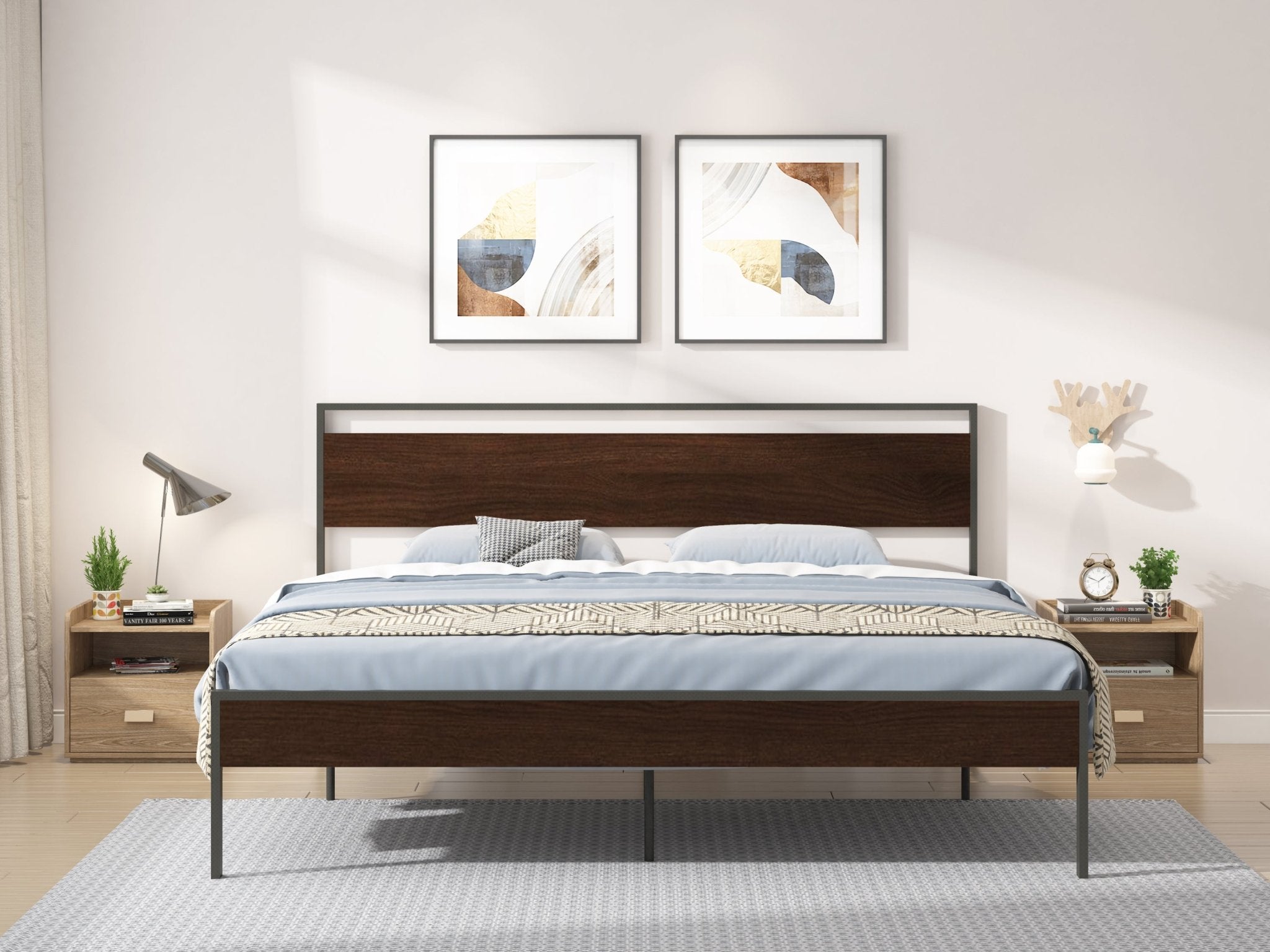 Ceres Metal King Bed, Black with Walnut wood Headboard - Tuesday Morning-Beds & Bed Frames