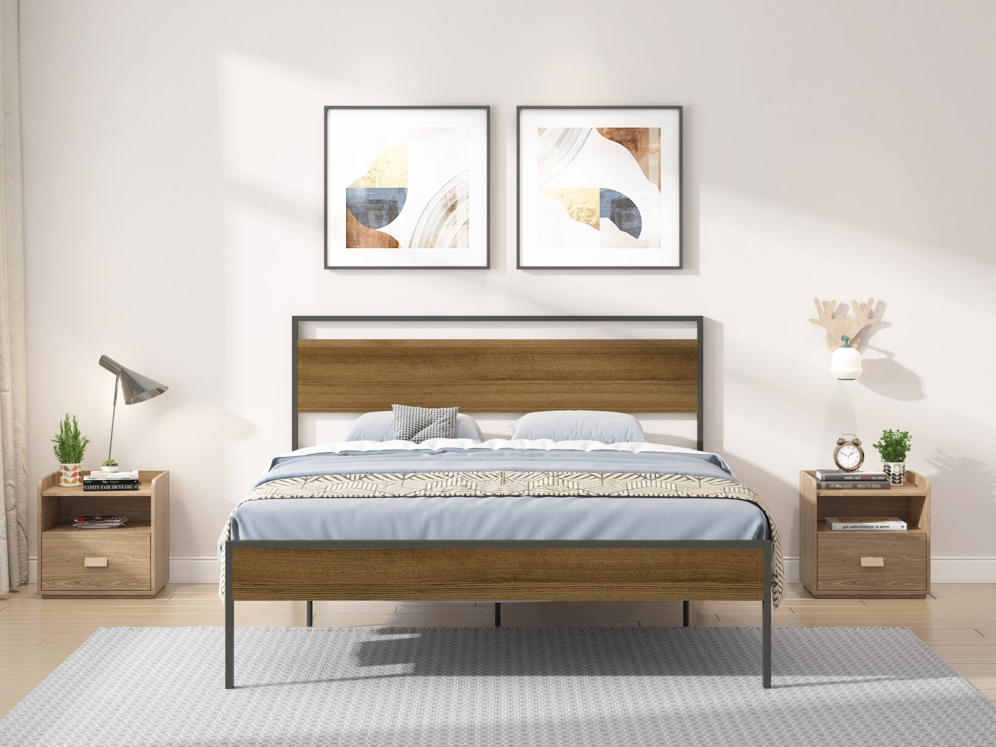 Ceres-Queen-Metal-Bed,-Black-with-Cinnamon-Wood-Headboard/footboard-Beds-&-Bed-Frames