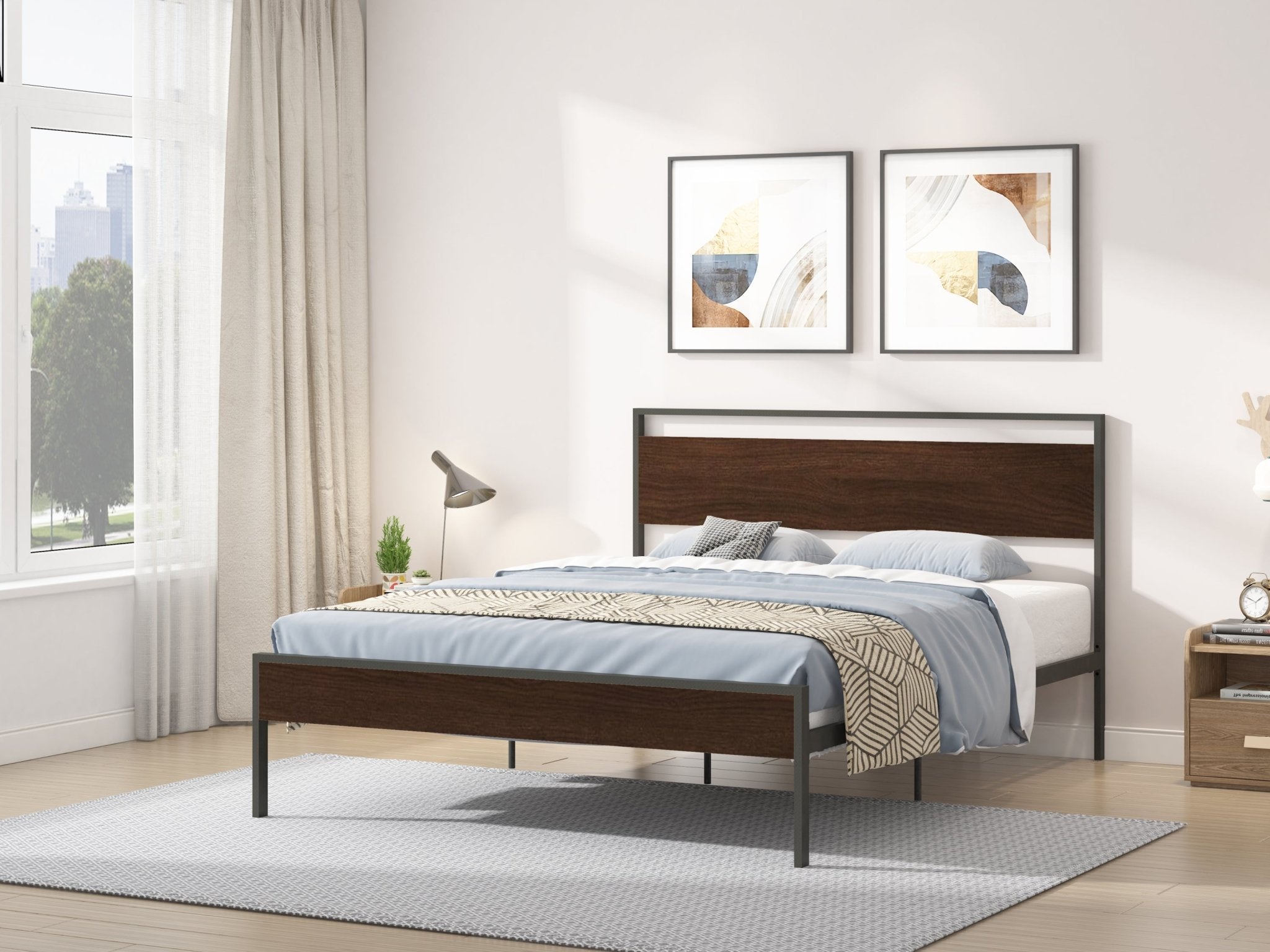Ceres-Queen-Metal-Bed,-Black-with-Walnut-Wood-Headboard-&-Footboard-Beds-&-Bed-Frames