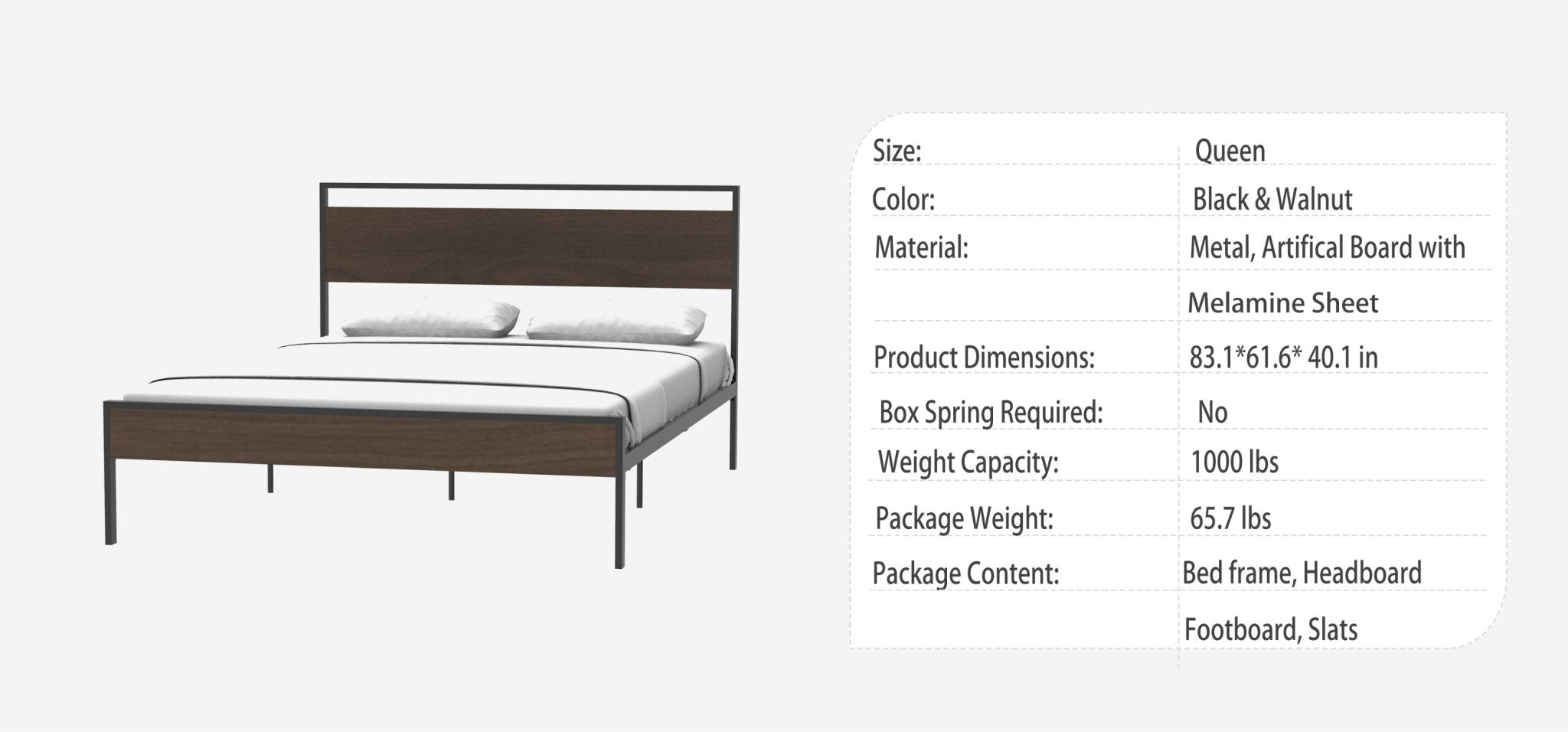Ceres Queen Metal Bed, Black with Walnut Wood Headboard & Footboard - Tuesday Morning-Beds & Bed Frames