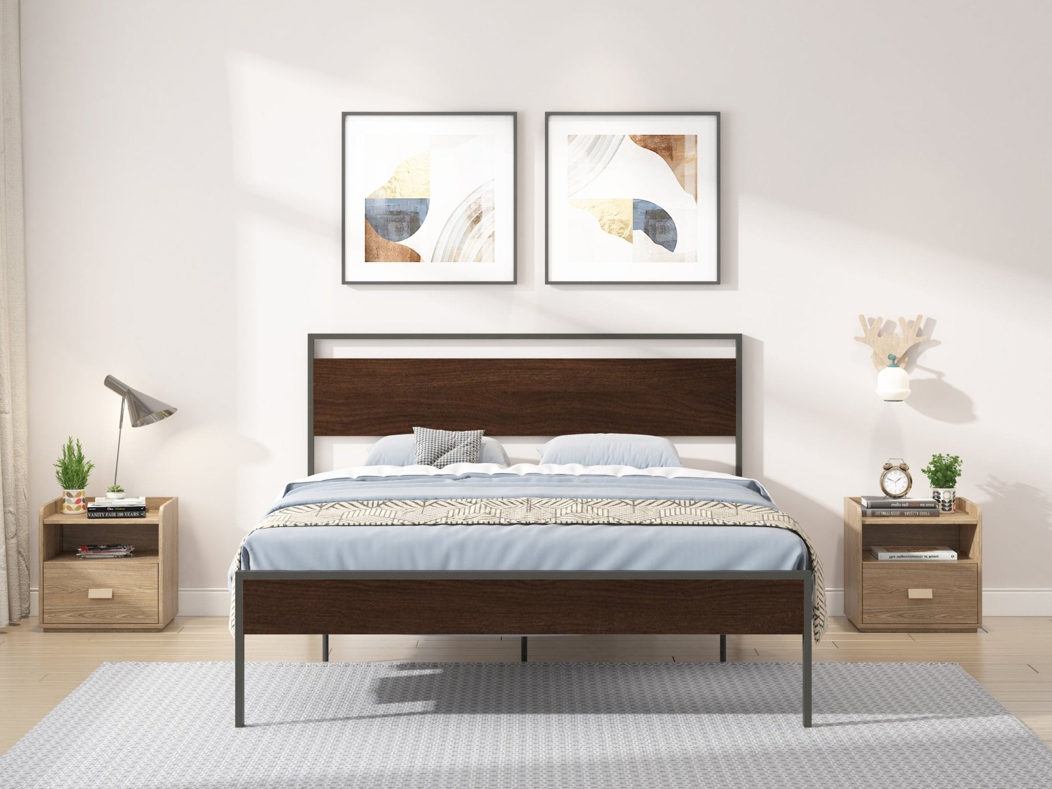 Ceres Queen Metal Bed, Black with Walnut Wood Headboard & Footboard - Tuesday Morning-Beds & Bed Frames