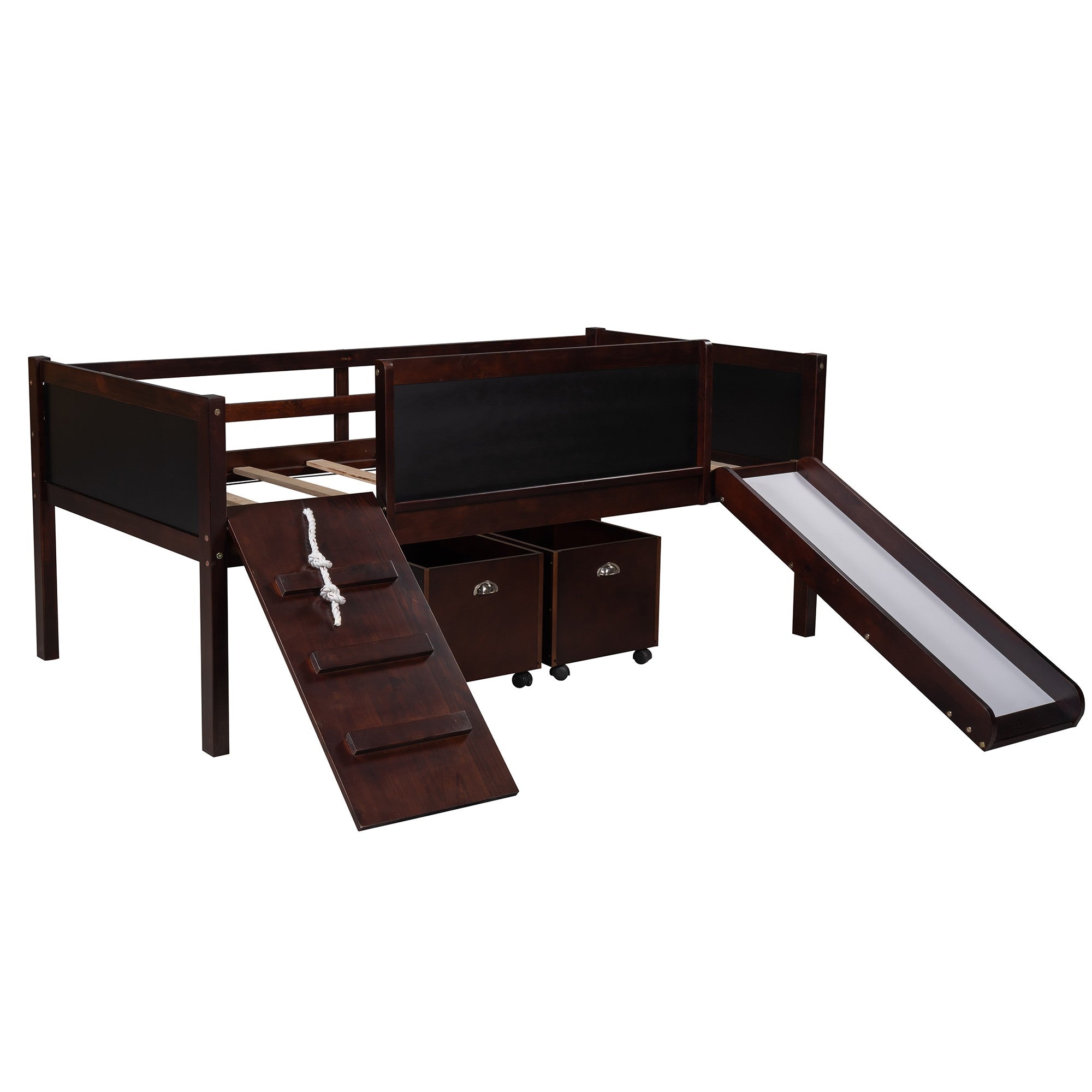 Climbing Frame Dark Brown Twin Size Loft Bed with Slide and Storage Boxes - Tuesday Morning-Loft Beds