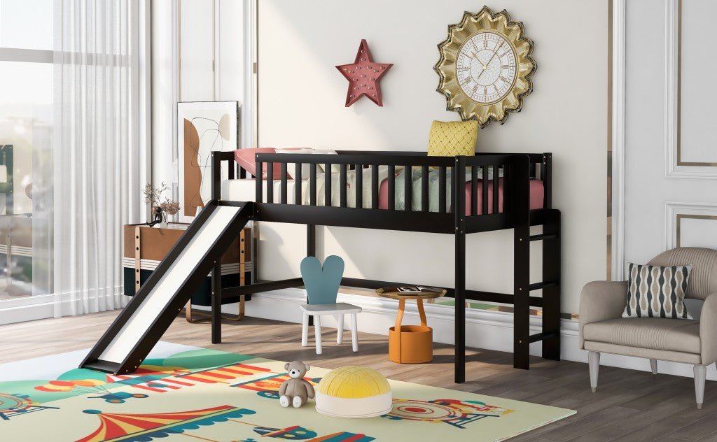 Dark Brown Twin Size Loft Bed with Slide - Tuesday Morning-Loft Beds