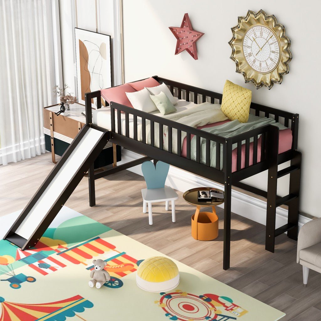 Dark Brown Twin Size Loft Bed with Slide - Tuesday Morning-Loft Beds