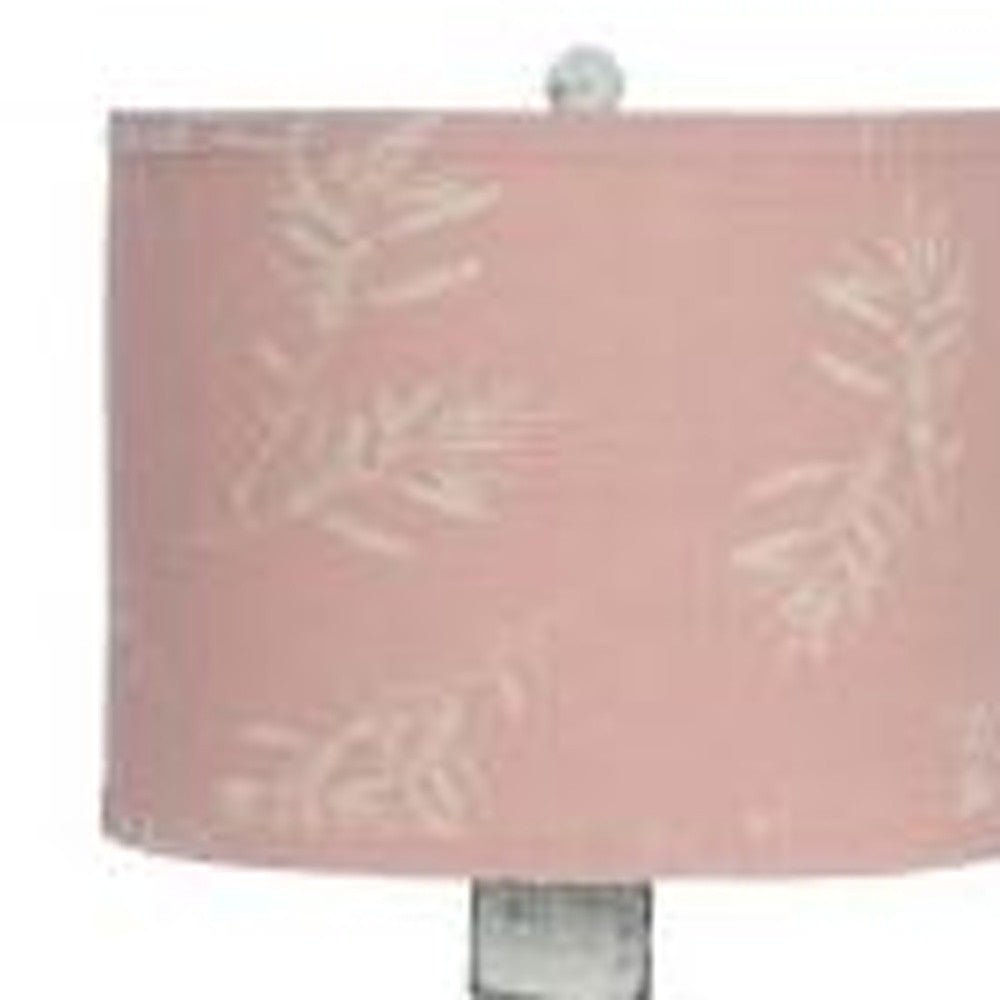 Distressed White Table Lamp With Olive Branch Pink Shade - Tuesday Morning-Table Lamps