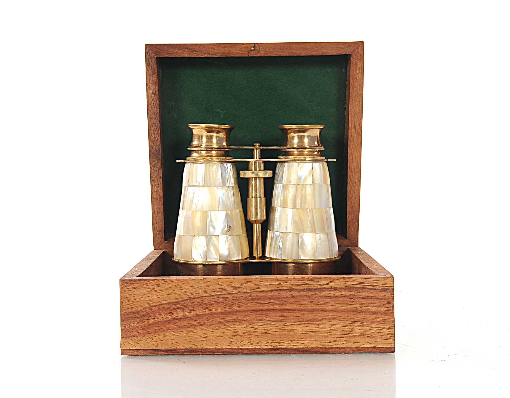 Elegant-Brass-And-Mother-Of-Pearl-Binoculars-In-Wooden-Storage-Box-Sculptures-&-Statues