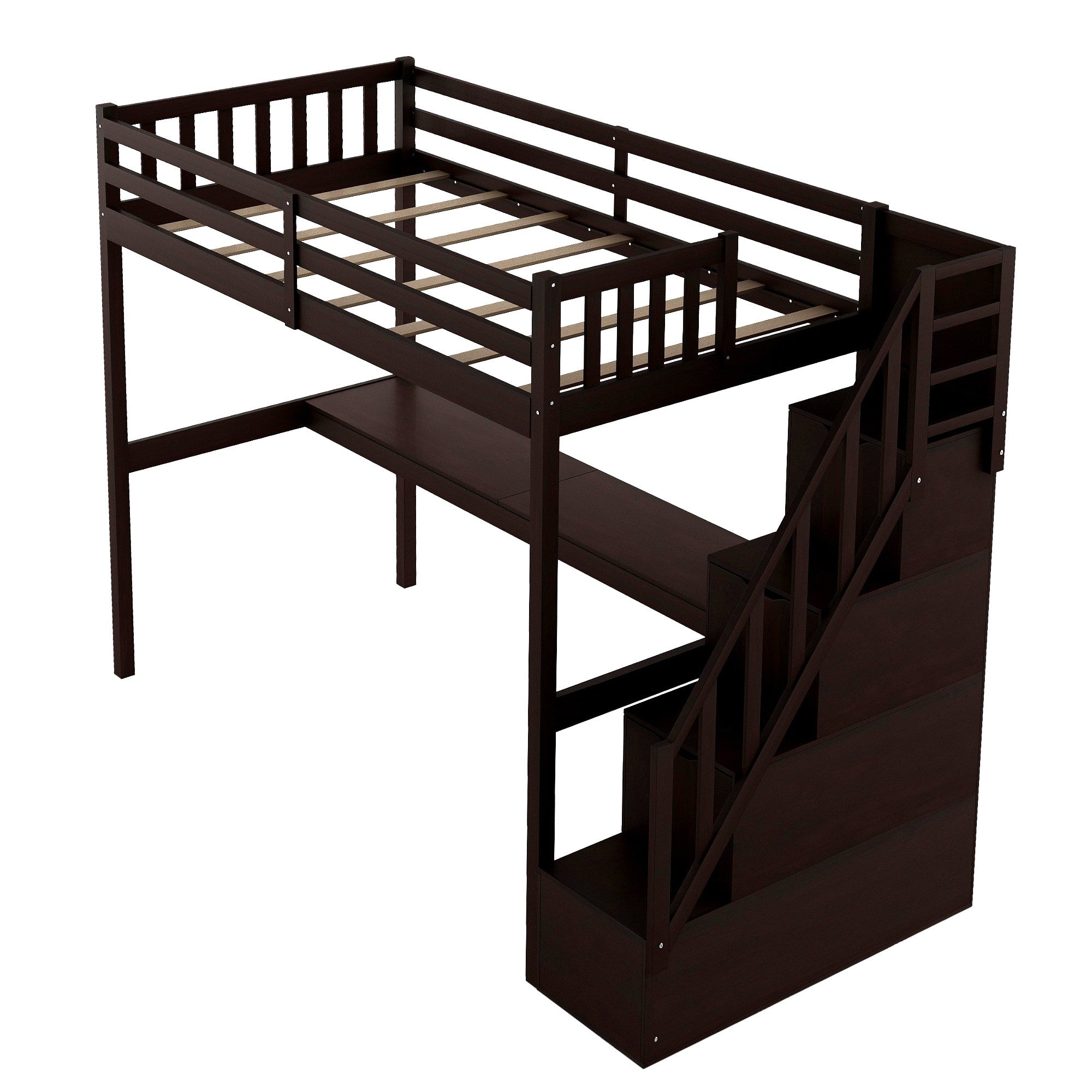 Espresso Twin Size Loft Bed with Built In Desk and Stairway - Tuesday Morning-Loft Beds