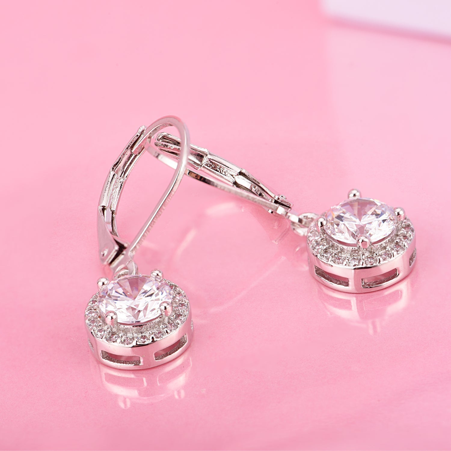 Genuine Crystal Halo Leverback Earrings in 18K White Gold - Tuesday Morning-Leverback Earrings