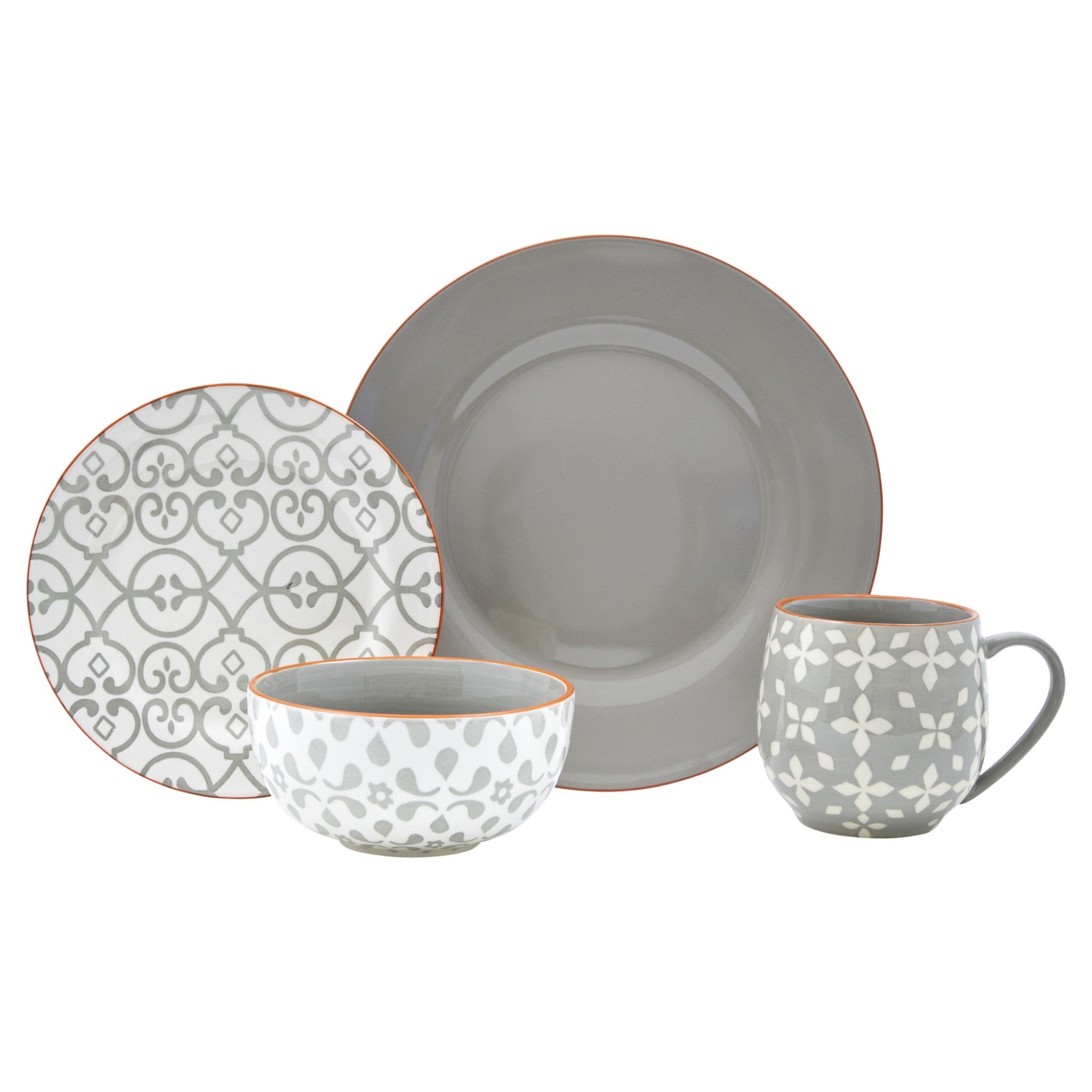 Gray-and-Ivory-Sixteen-Piece-Round-Geometric-Ceramic-Service-For-Four-Dinnerware-Set-Dinnerware-Sets