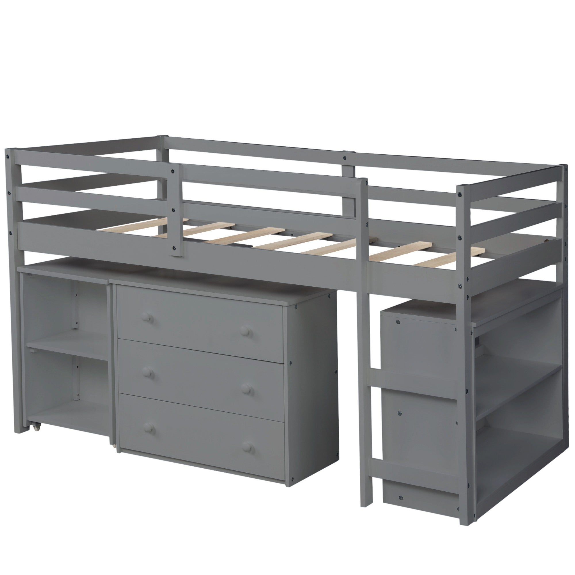 Gray Low Twin Loft Bed With Cabinet and Desk - Tuesday Morning-Loft Beds