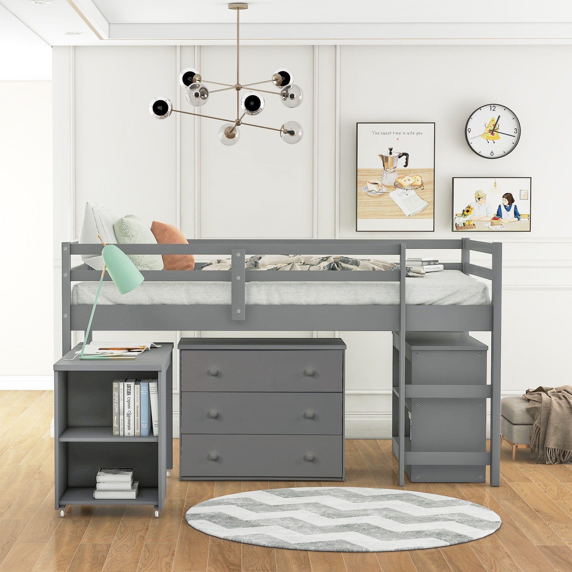Gray Low Twin Loft Bed With Cabinet and Desk - Tuesday Morning-Loft Beds