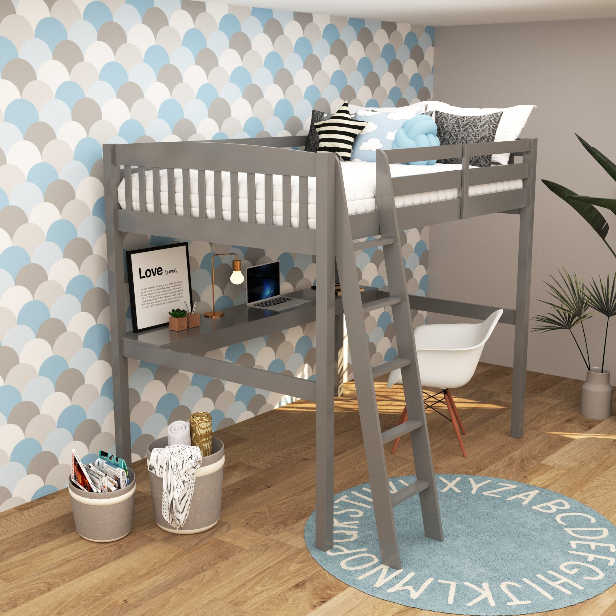 Gray Solid Wood Full Double Size Loft Bed with Desk and Storage - Tuesday Morning-Loft Beds