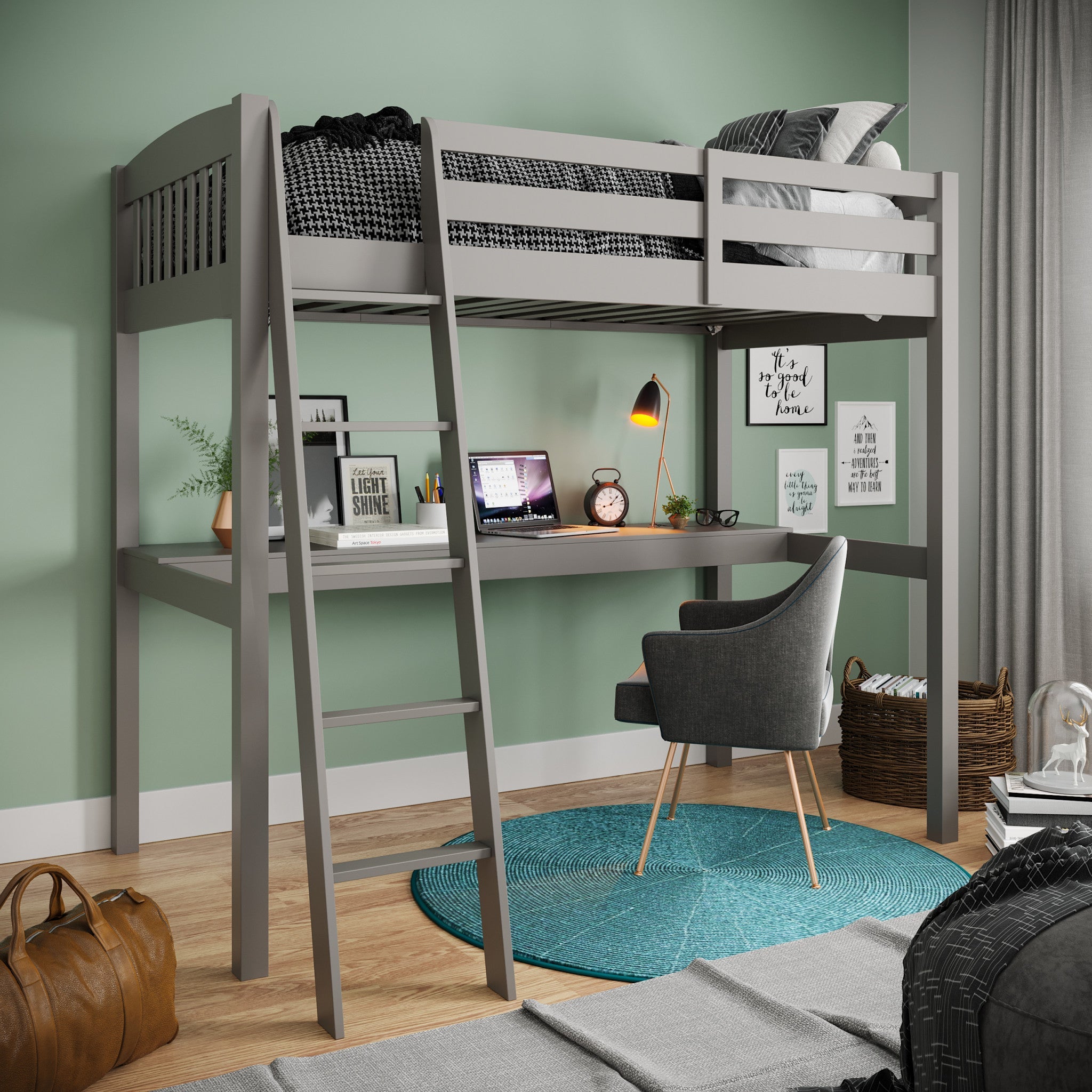 Gray Solid Wood Twin Size Loft Bed with Desk and Storage - Tuesday Morning-Loft Beds
