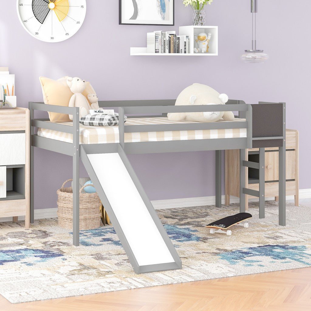 Gray Twin Loft Bed Bed Chalkboard and Slide - Tuesday Morning-Loft Beds