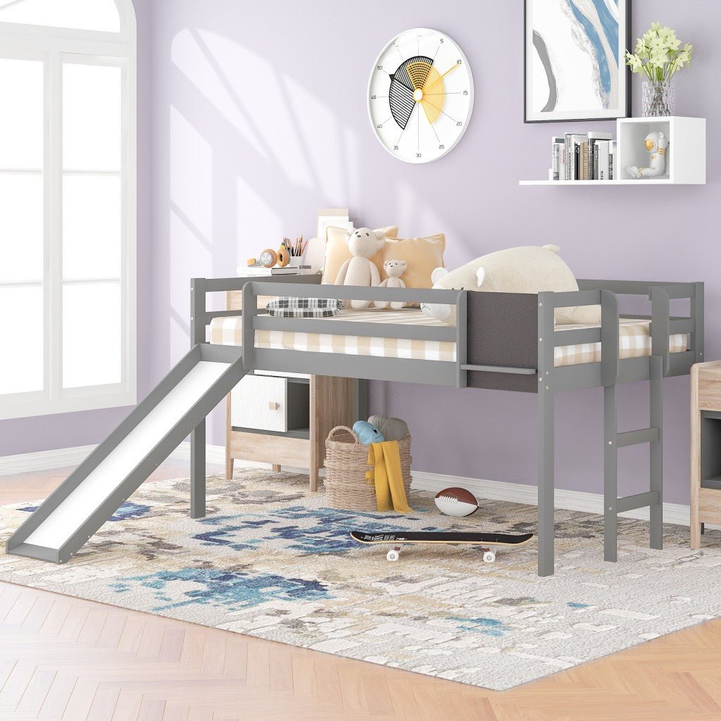 Gray-Twin-Loft-Bed-Bed-Chalkboard-and-Slide-Beds-&-Bed-Frames