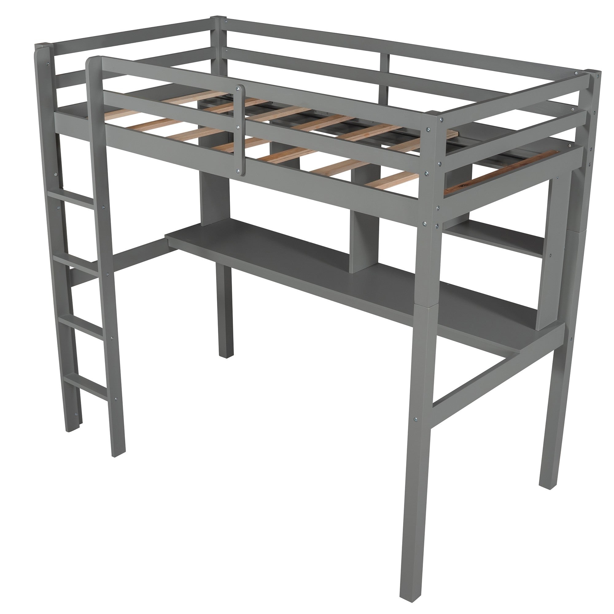 Gray Twin Loft Bed With Desk and Shelves - Tuesday Morning-Loft Beds