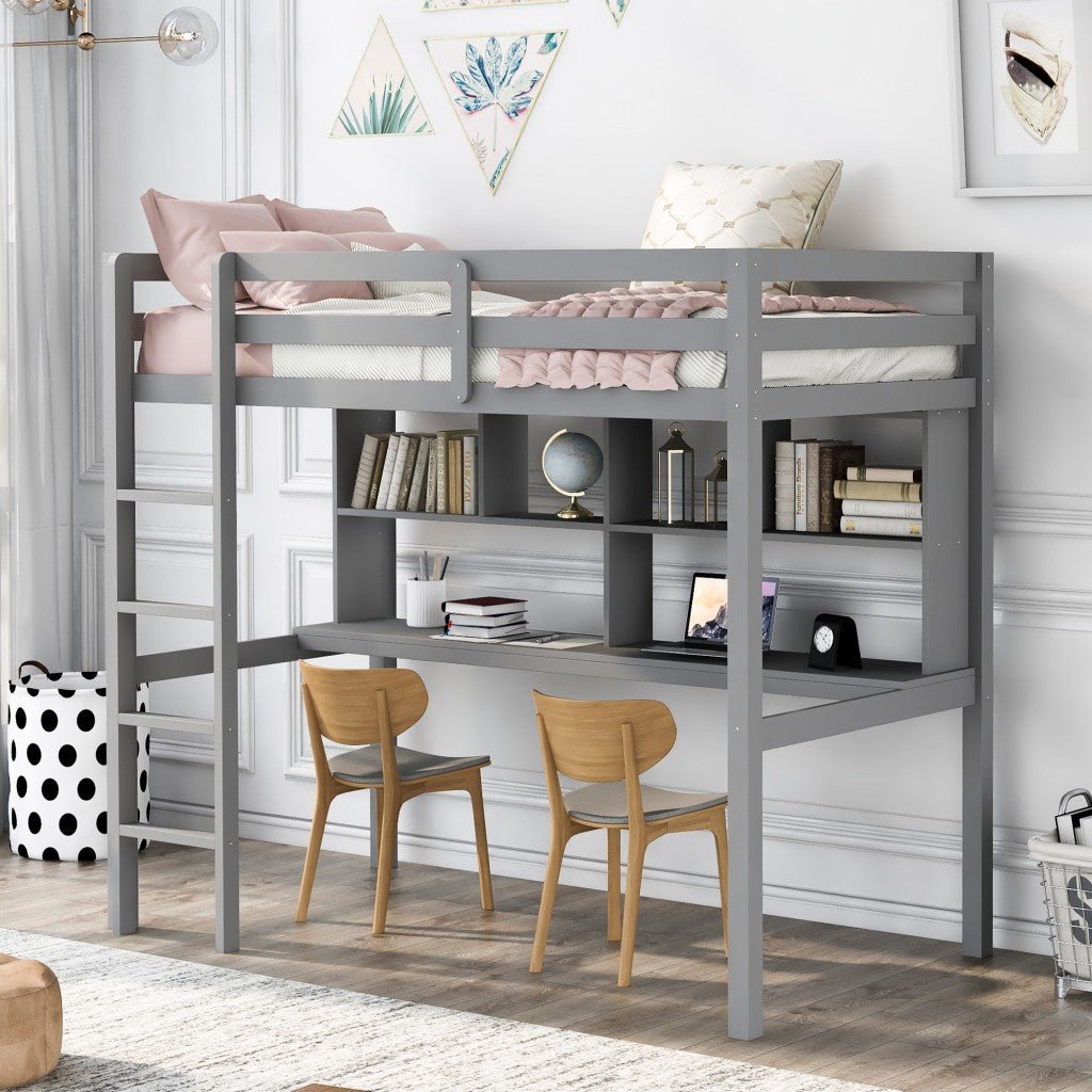 Gray-Twin-Loft-Bed-With-Desk-and-Shelves-Beds-&-Bed-Frames