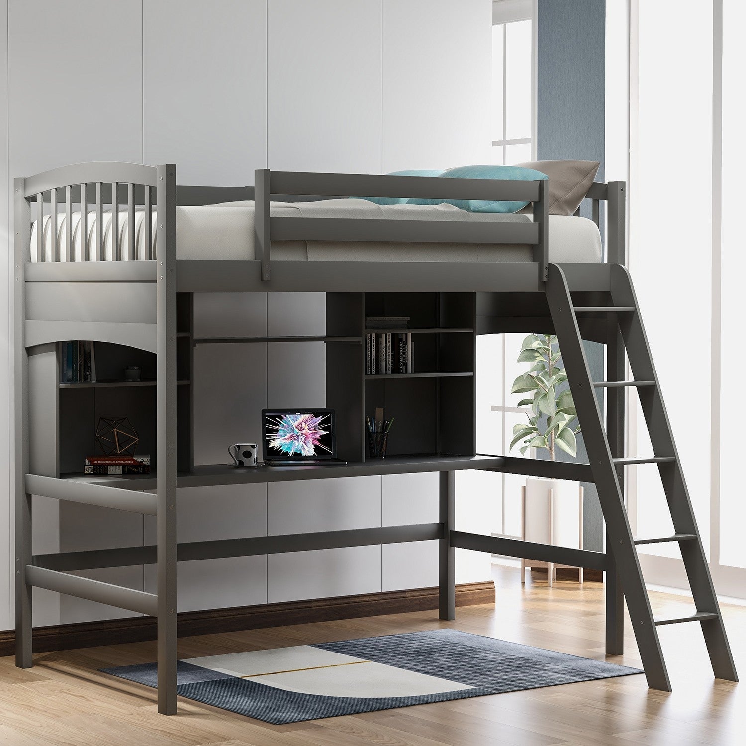 Gray-Twin-Size-Loft-Bed-with-Desk-and-Shelves-Beds-&-Bed-Frames