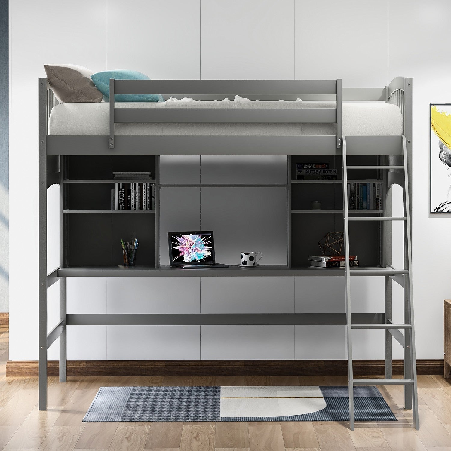 Gray Twin Size Loft Bed with Desk and Shelves - Tuesday Morning-Loft Beds