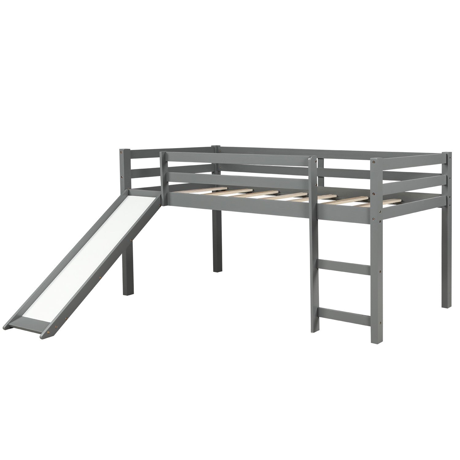 Gray Twin Size Low Loft Bed With Slide - Tuesday Morning-Loft Beds