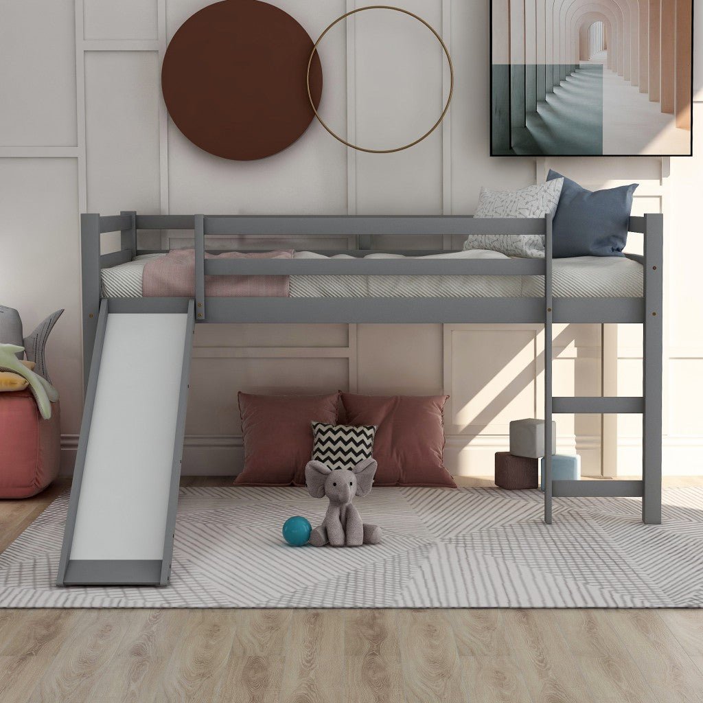 Gray-Twin-Size-Low-Loft-Bed-With-Slide-Beds-&-Bed-Frames