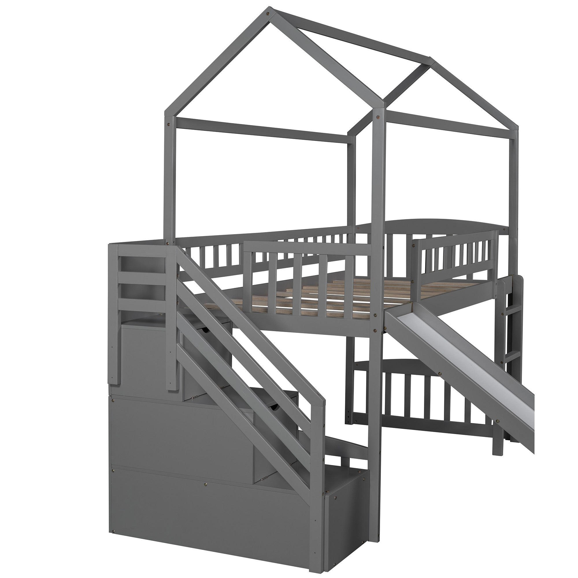 Gray Twin Size Playhouse Loft Bed With Drawers and Slide - Tuesday Morning-Loft Beds