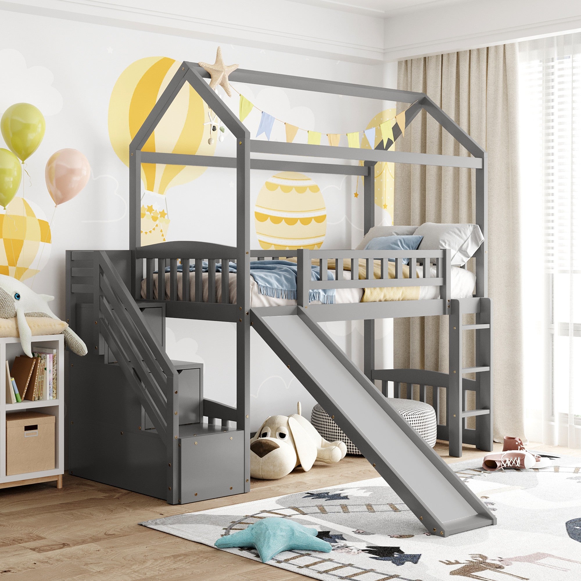 Gray-Twin-Size-Playhouse-Loft-Bed-With-Drawers-and-Slide-Beds-&-Bed-Frames