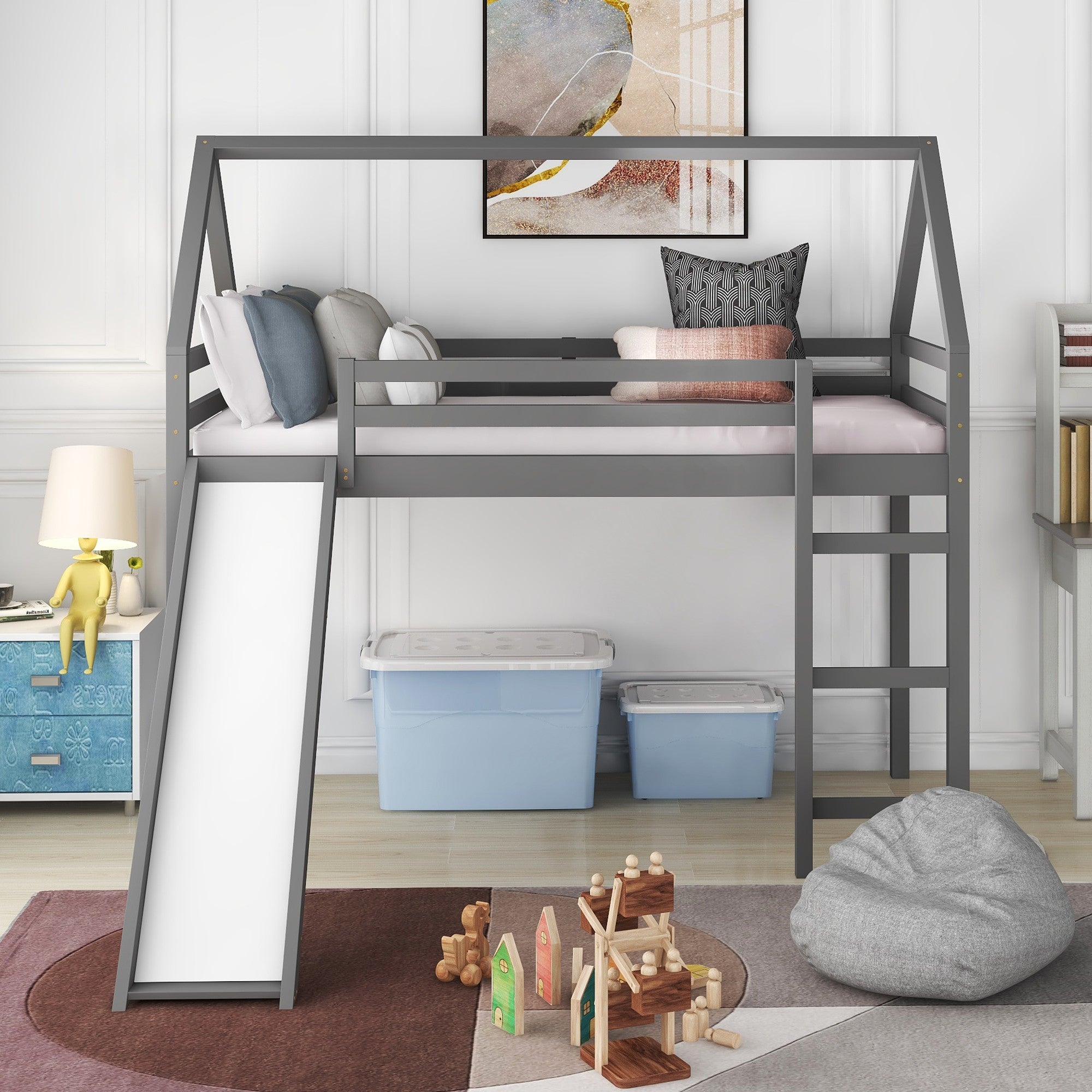 Gray Twin Size Slide House Loft Bed - Tuesday Morning-Loft Beds
